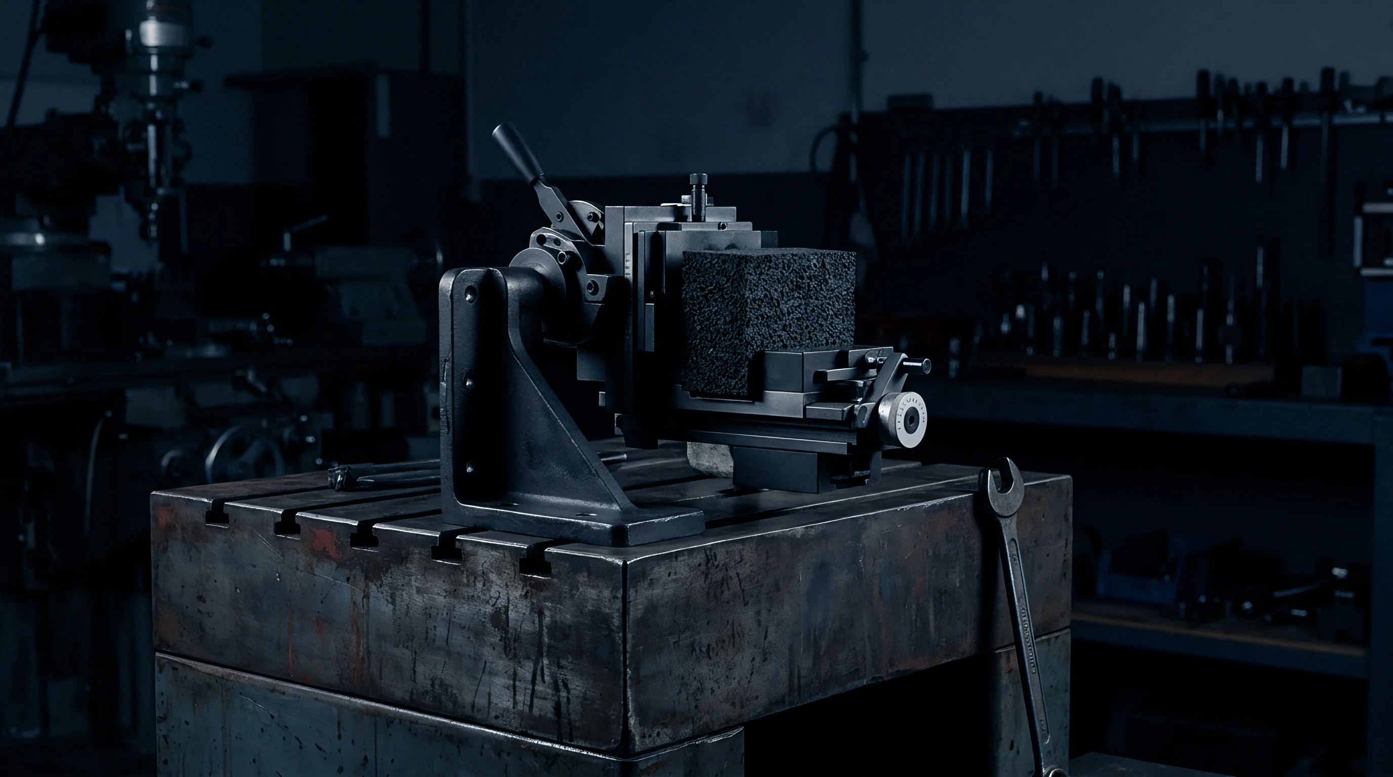 A heavy steel industrial table supports an adjustable precision rotary fixture holding a porous block component for machining and metrology inspection tasks.