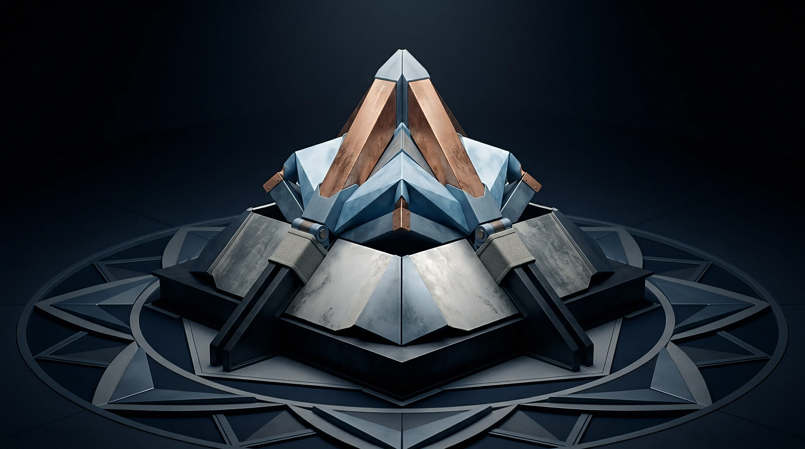 This is a render of a complex, multi-layered metallic structure with angular facets and metallic finishes, set upon a symmetrical geometric base.