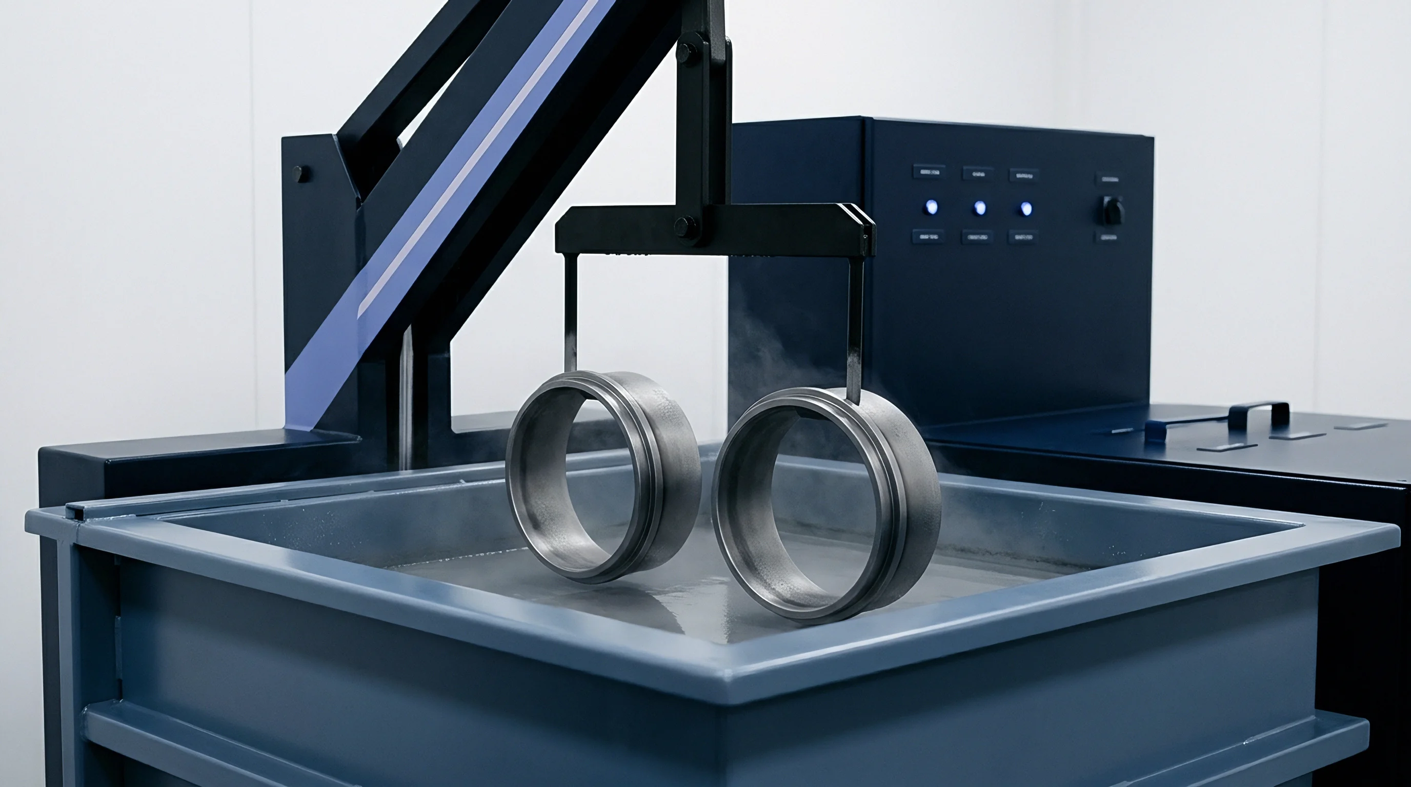 Two precision metal rings are suspended by an automated mechanism being lowered into a treatment bath with visible steam rising from the liquid.