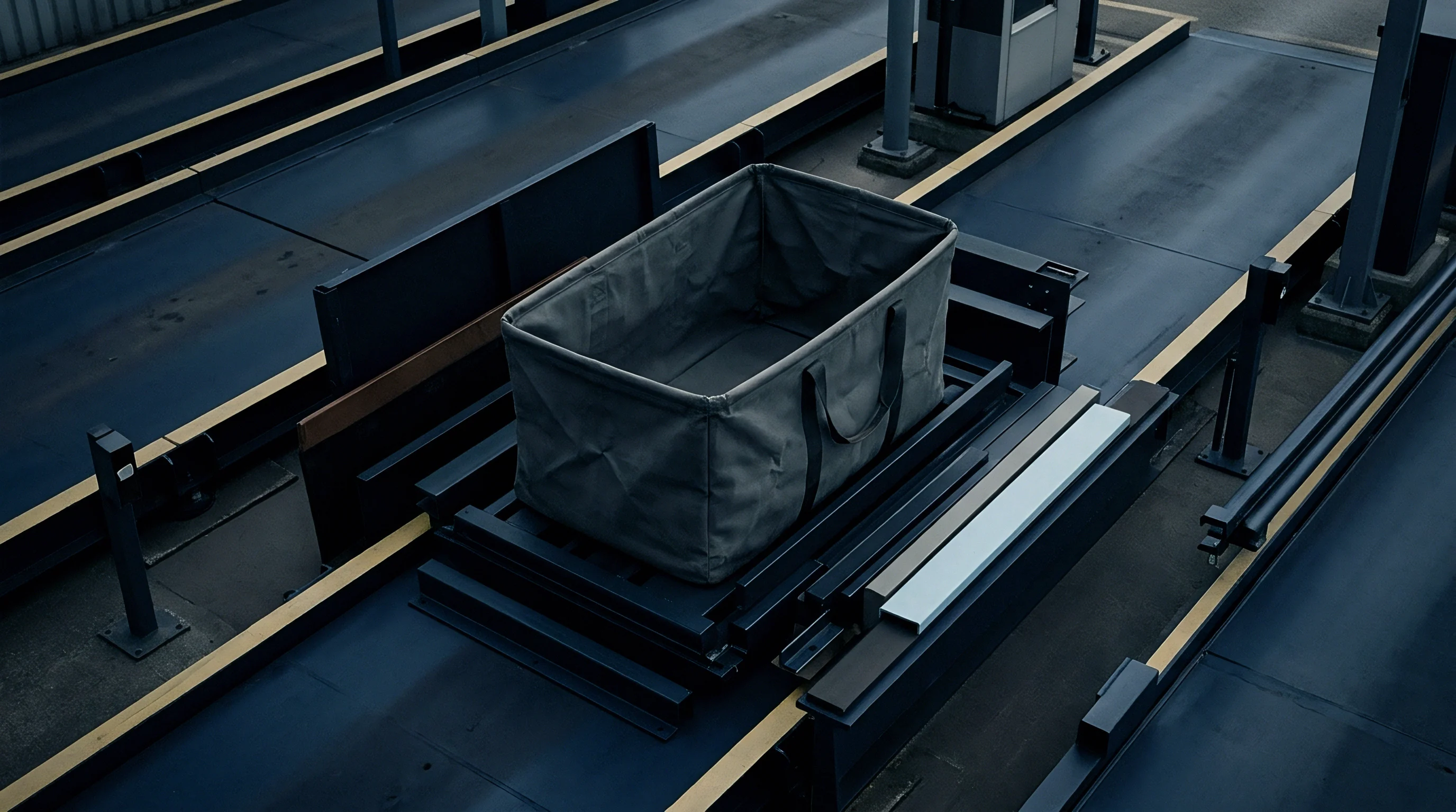 Heavy duty canvas logistics container rests on an automated metal sorting platform within a dark industrial distribution facility.