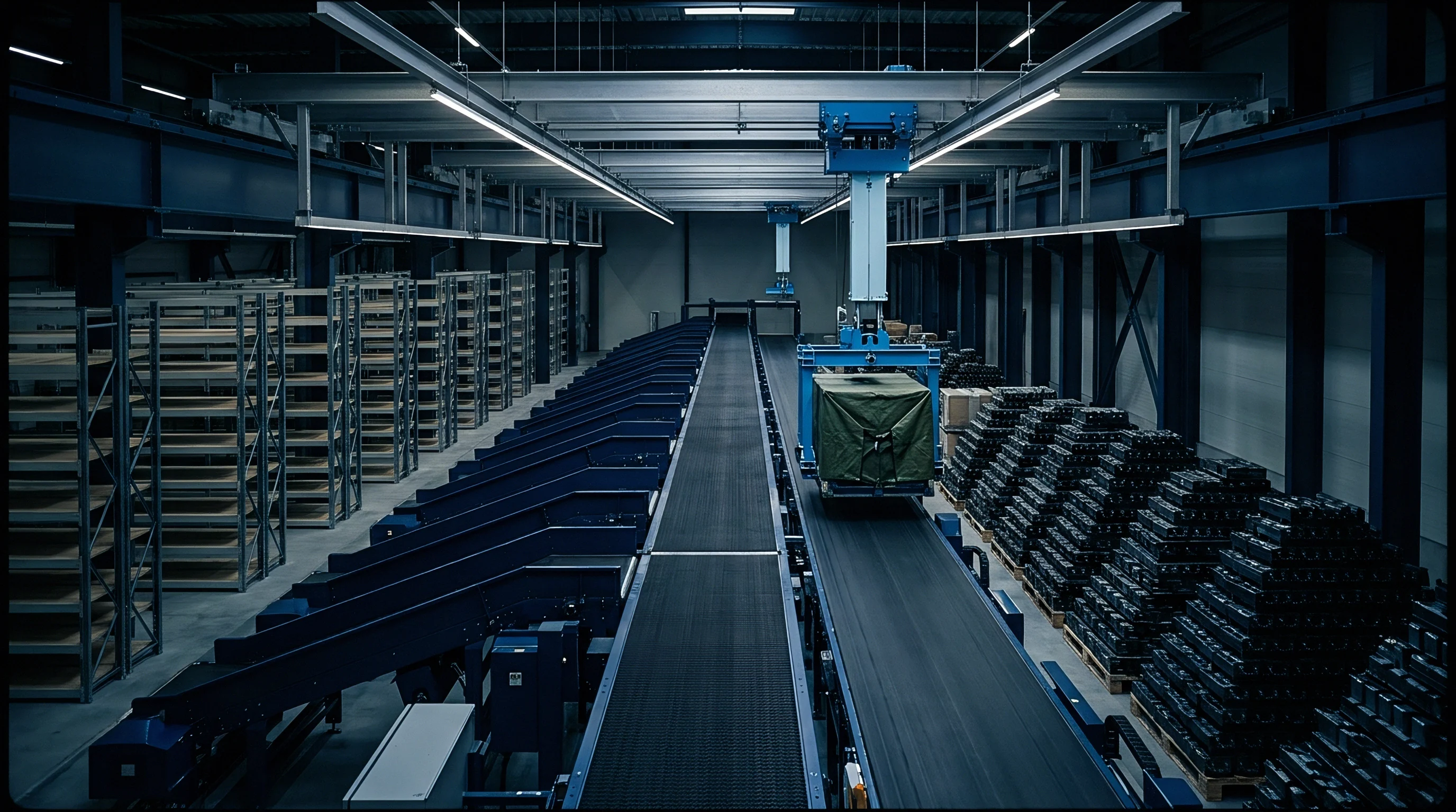 An automated conveyor belt system and robotic gantry crane operate inside a spacious industrial logistics fulfillment facility with storage racks.