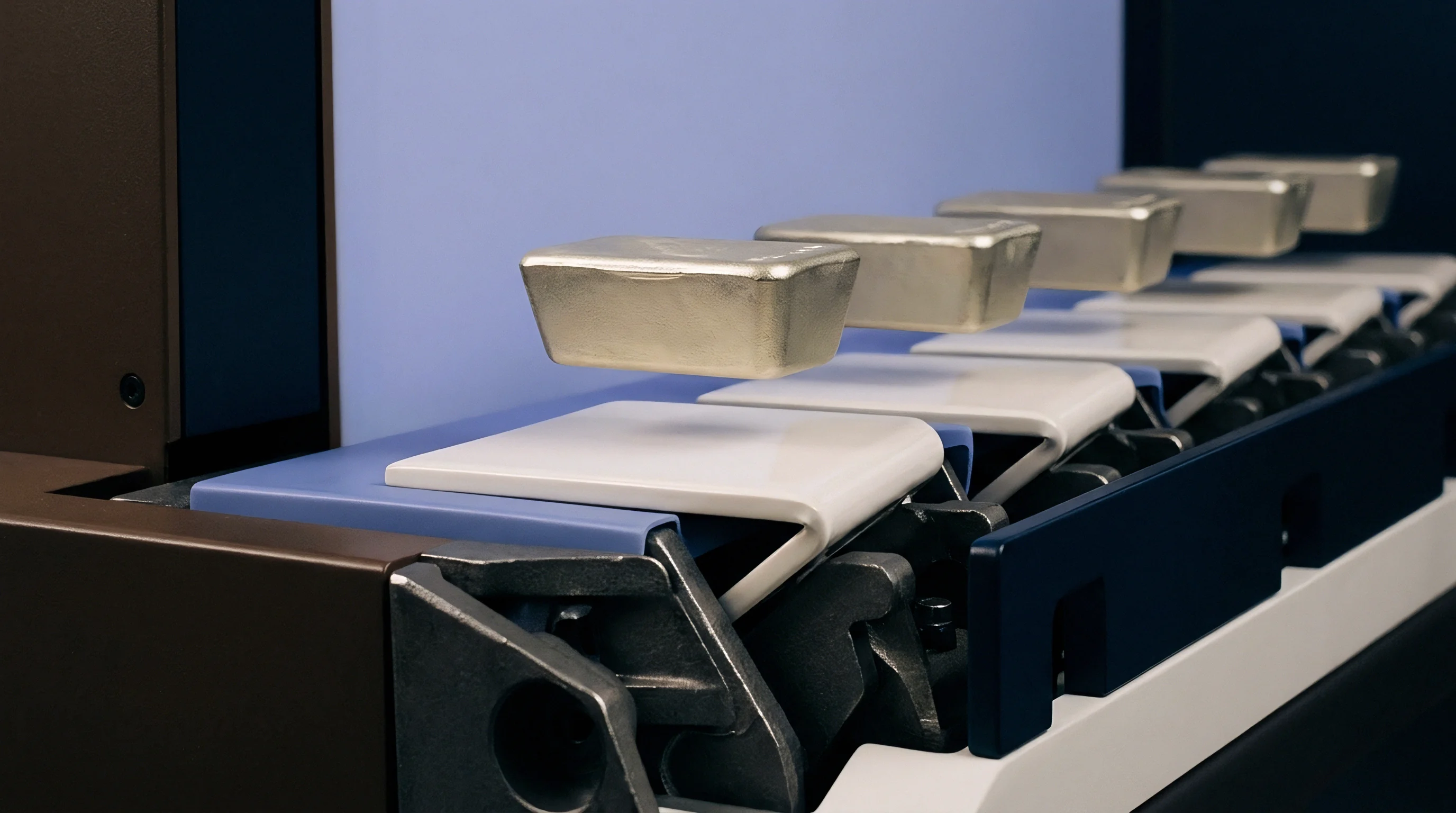 Digital production renders illustrate metal ingots progressing along an automated conveyor system designed for high volume manufacturing and precise material handling tasks.