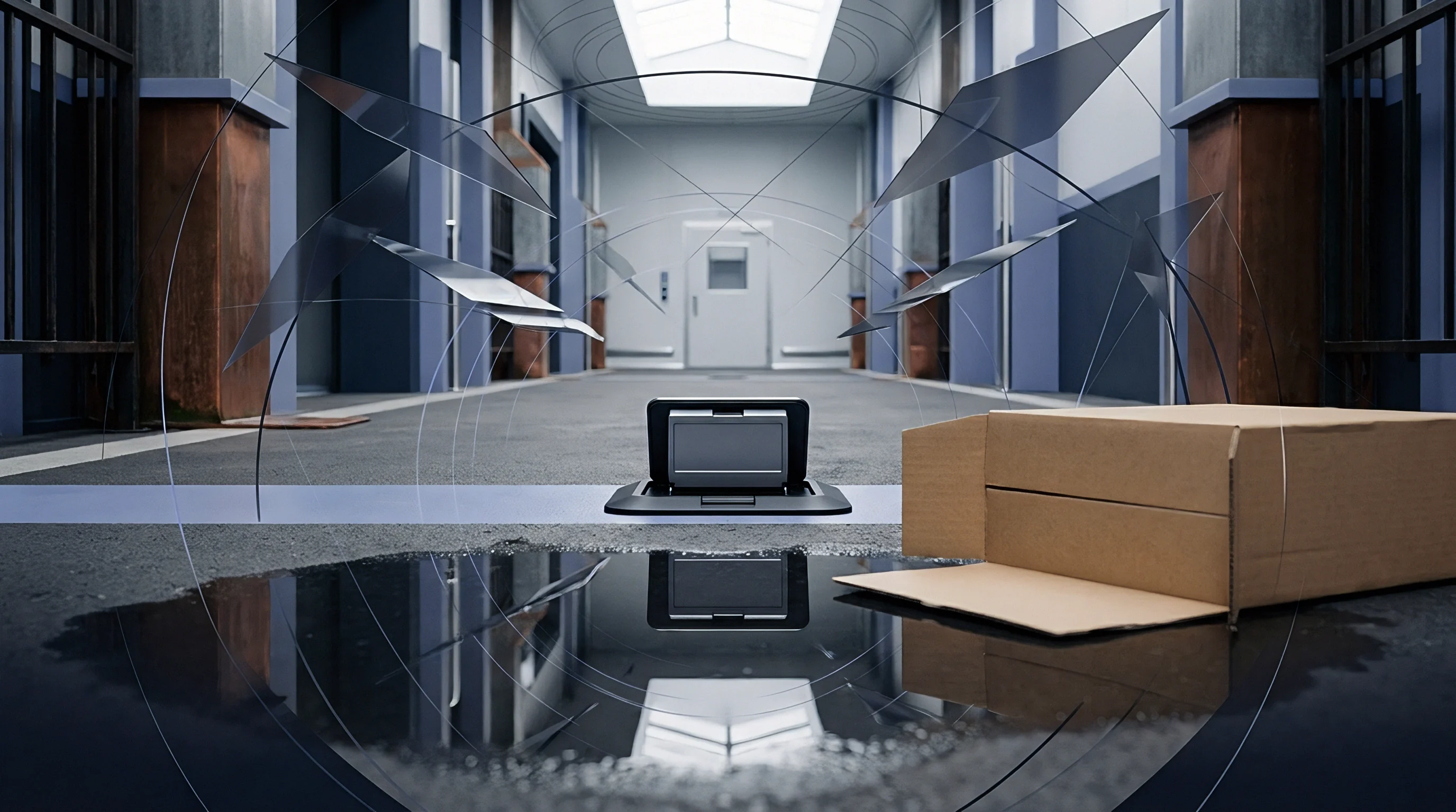A digital render displays an open cardboard box on a wet floor next to an integrated security scanner in a secure facility corridor.