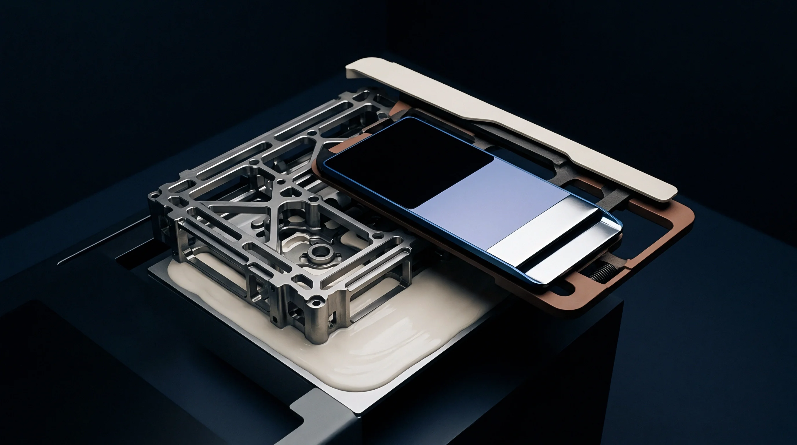 An industrial rendering displays a metal fixture holding a smartphone beside a machined frame on a platform coated with white liquid compound.