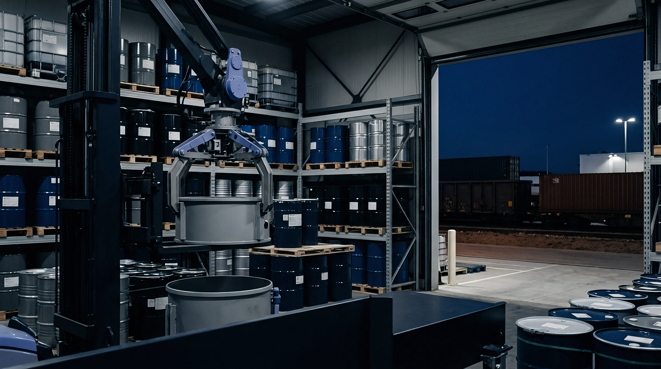 A robotic gripper arm maneuvers industrial drums inside a chemical storage warehouse with an open loading dock facing a night rail terminal.