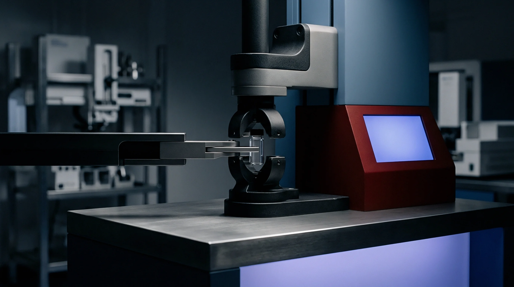 An automated robotic arm grips a glass sample vial inside a quality inspection laboratory testing facility.