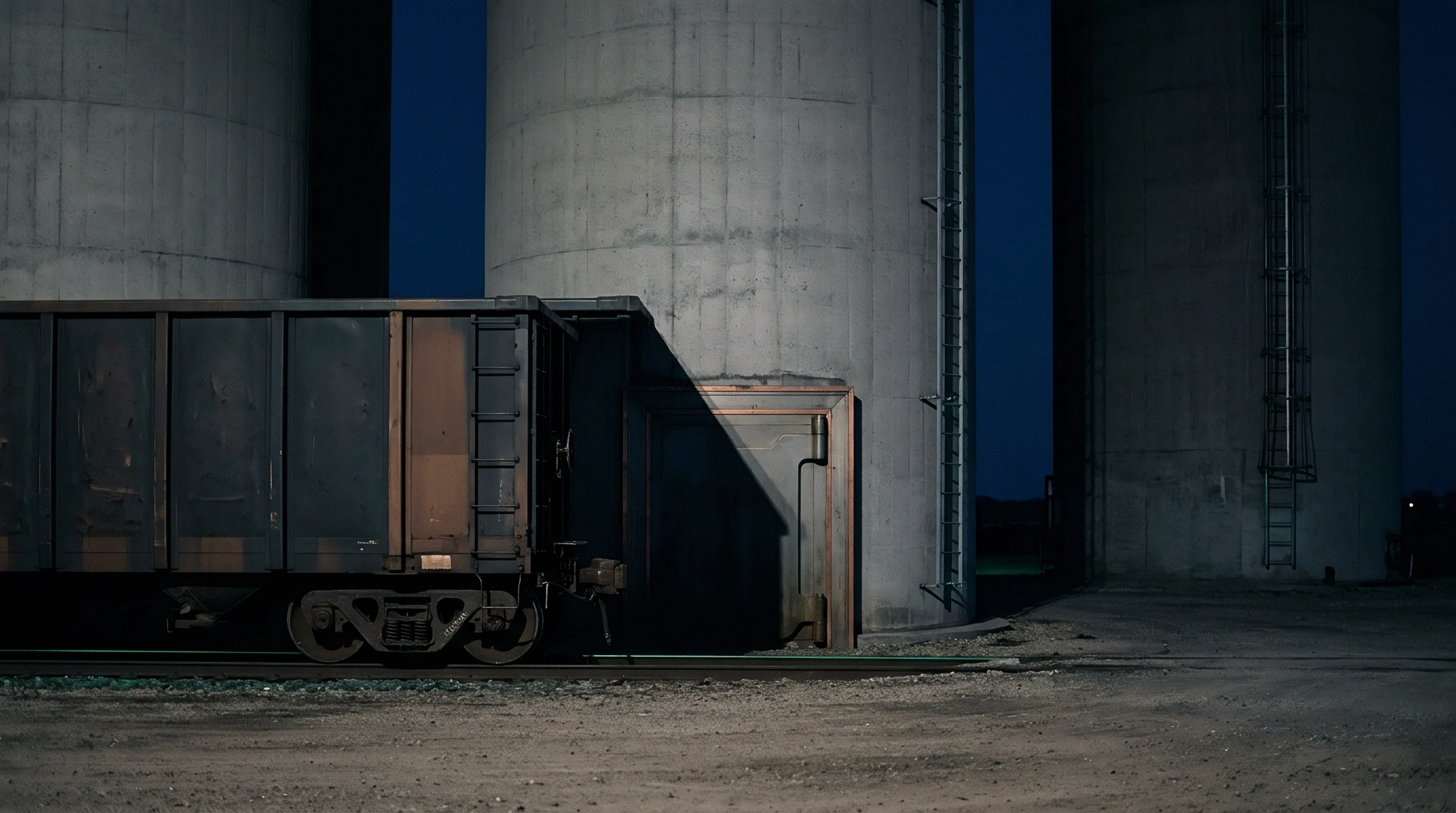 Industrial concrete storage silos stand beside a dark steel railway freight wagon on a gravel track bed under night sky.
