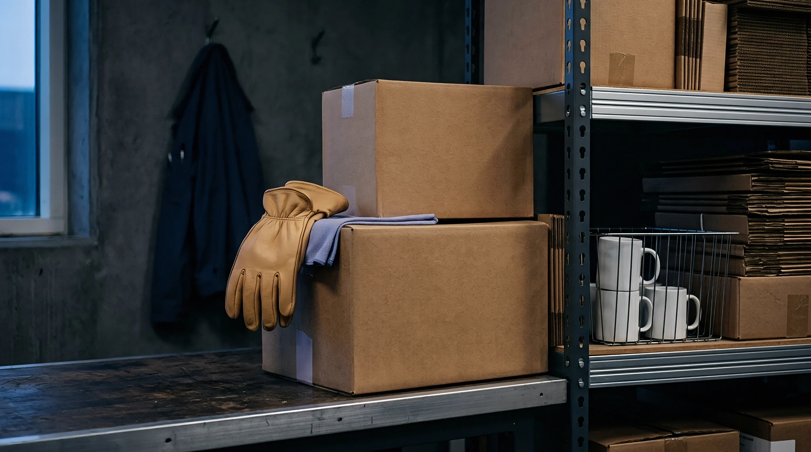 Cardboard boxes stack on a metal workbench next to leather work gloves and protective cloth in a warehouse packing station.