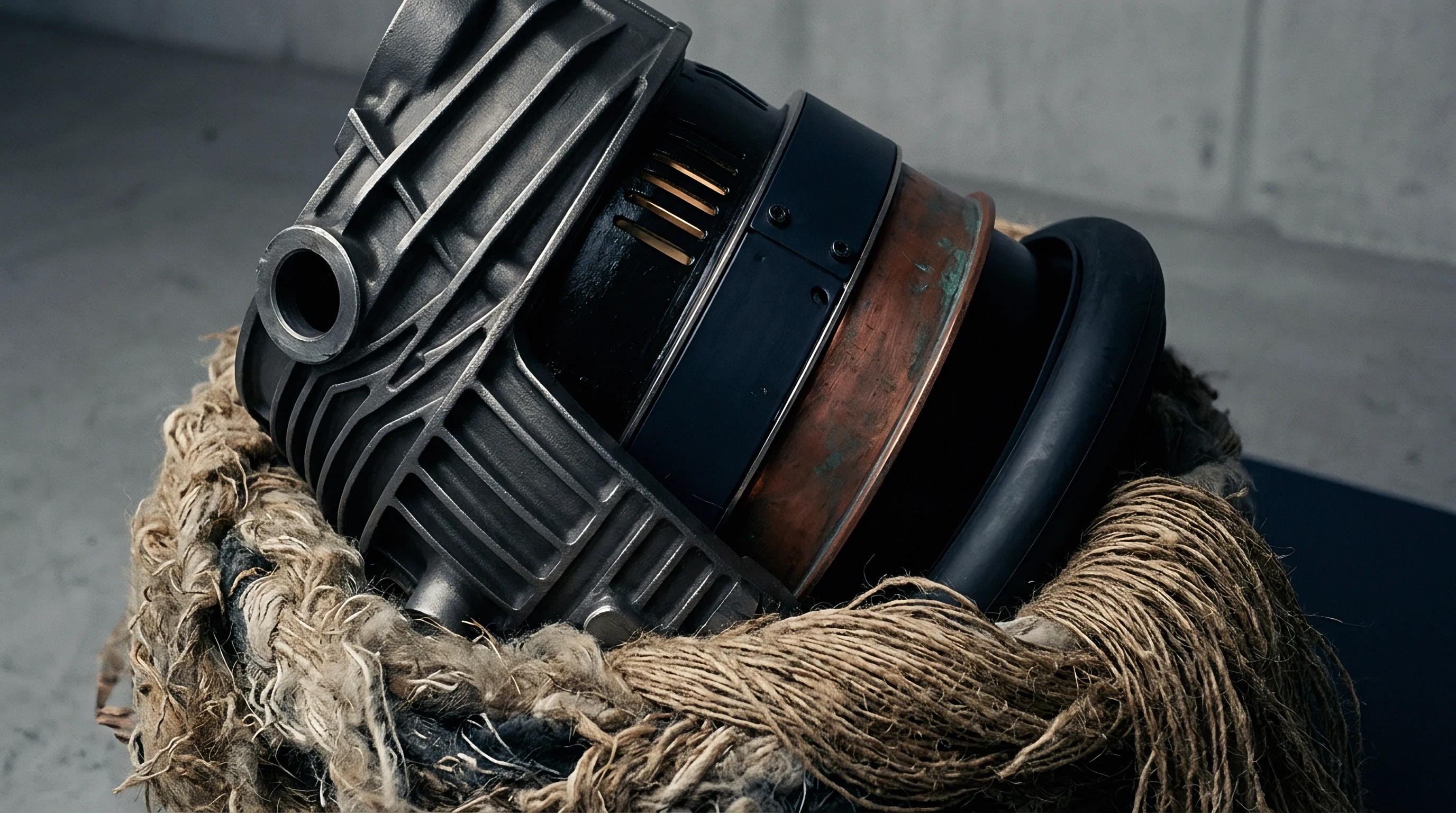 Heavy metallic engine housing rests inside a coarse woven fiber basket intended for raw material handling methods in warehouse environments.
