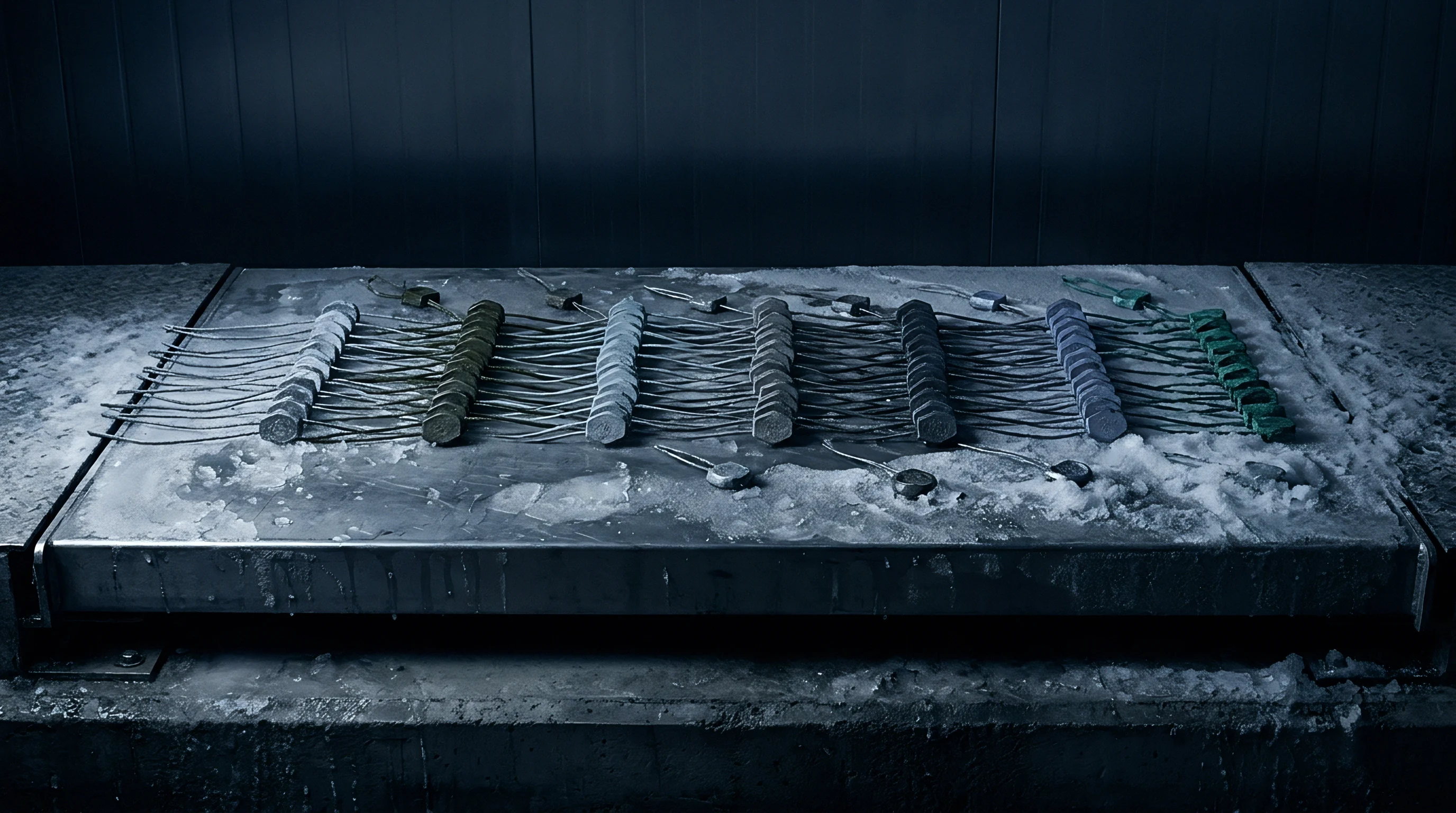 Hexagonal high security cable seals lie in rows on a frosted metal platform undergoing low temperature laboratory evaluation.