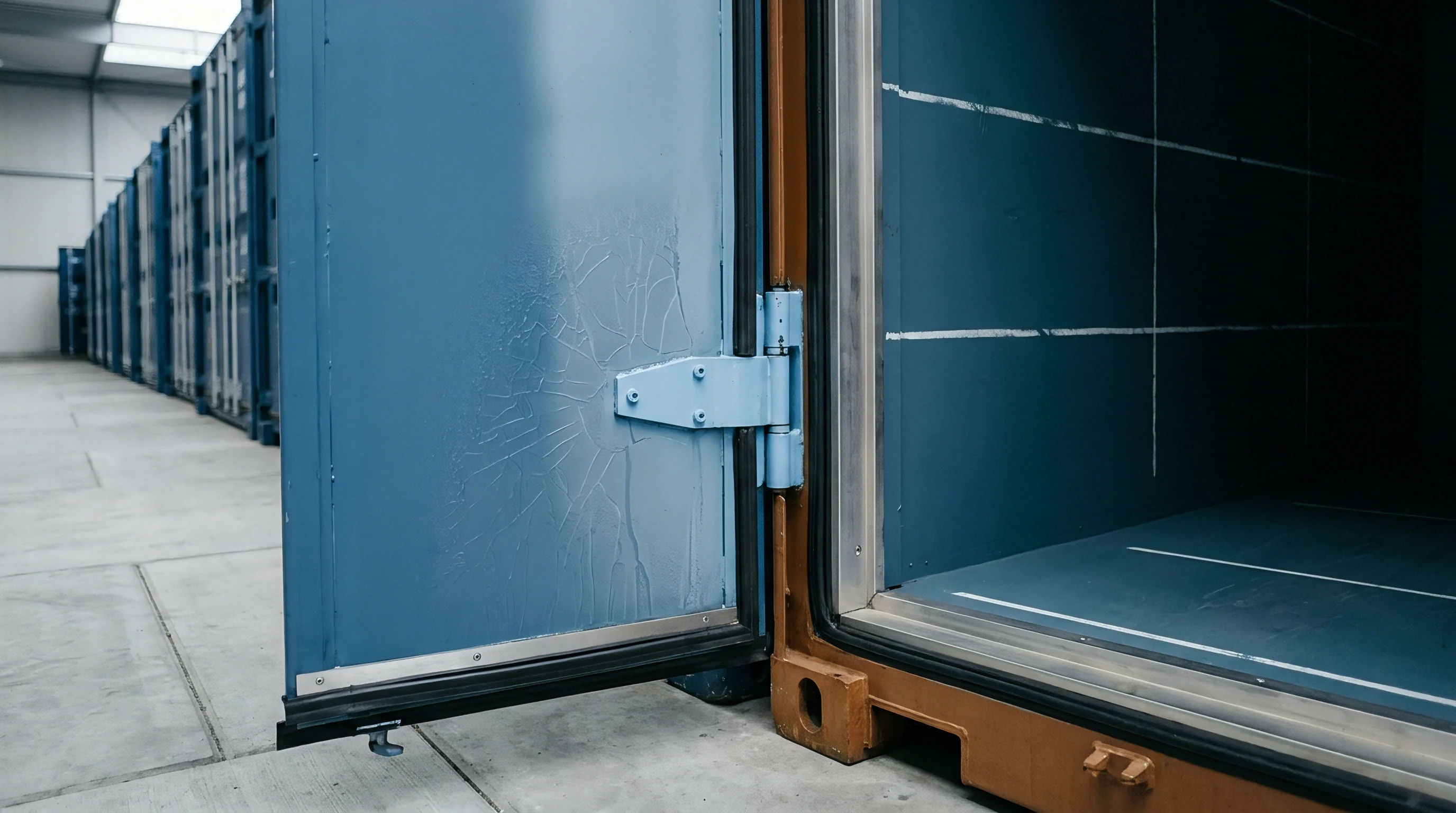 Insulated steel shipping container doors with rubber gasket seals stand open inside a large industrial logistics warehouse facility.