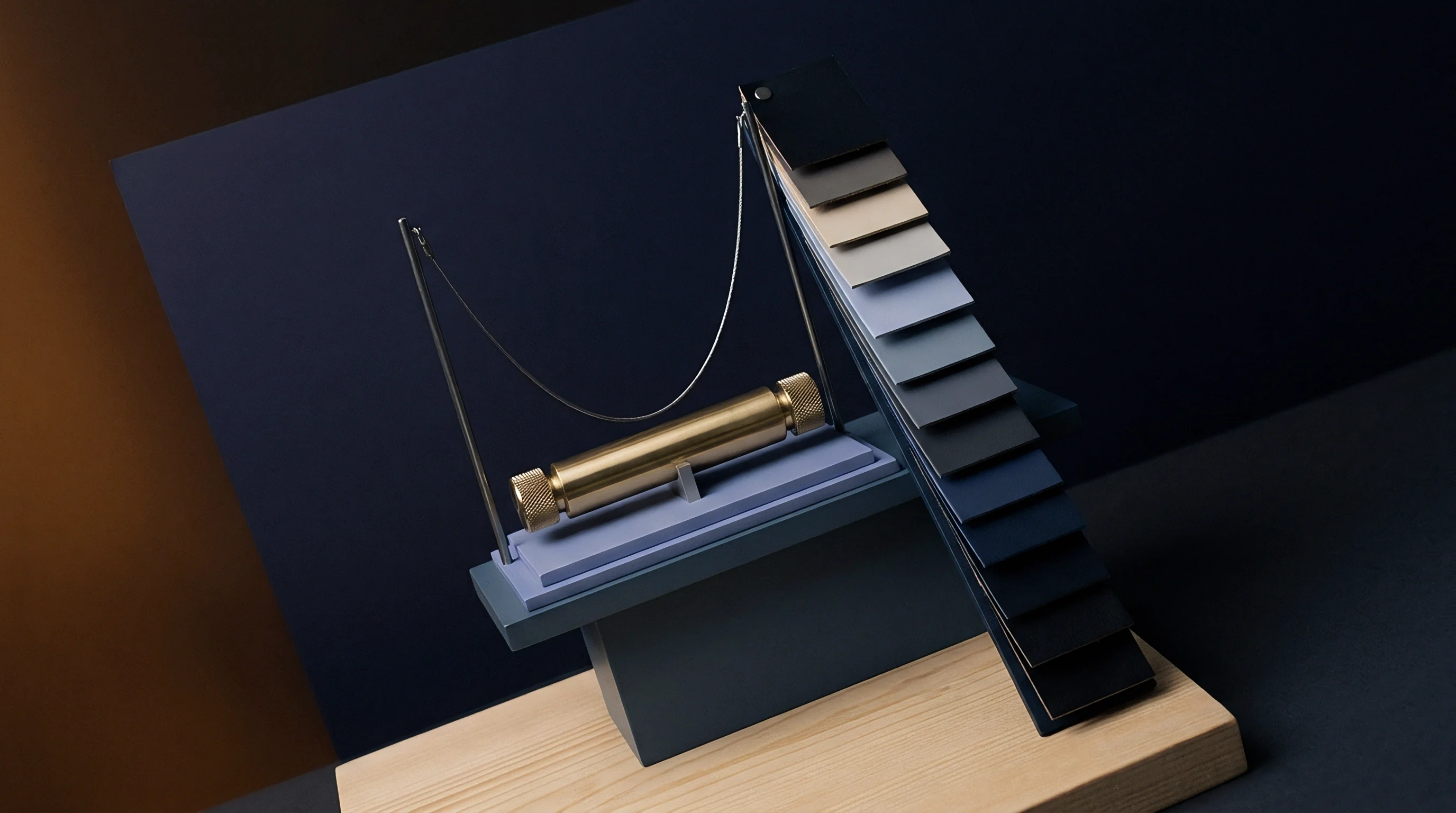 A brass cylinder prototype sits beside a cascading color swatch deck on a blue pedestal over a light wooden block.