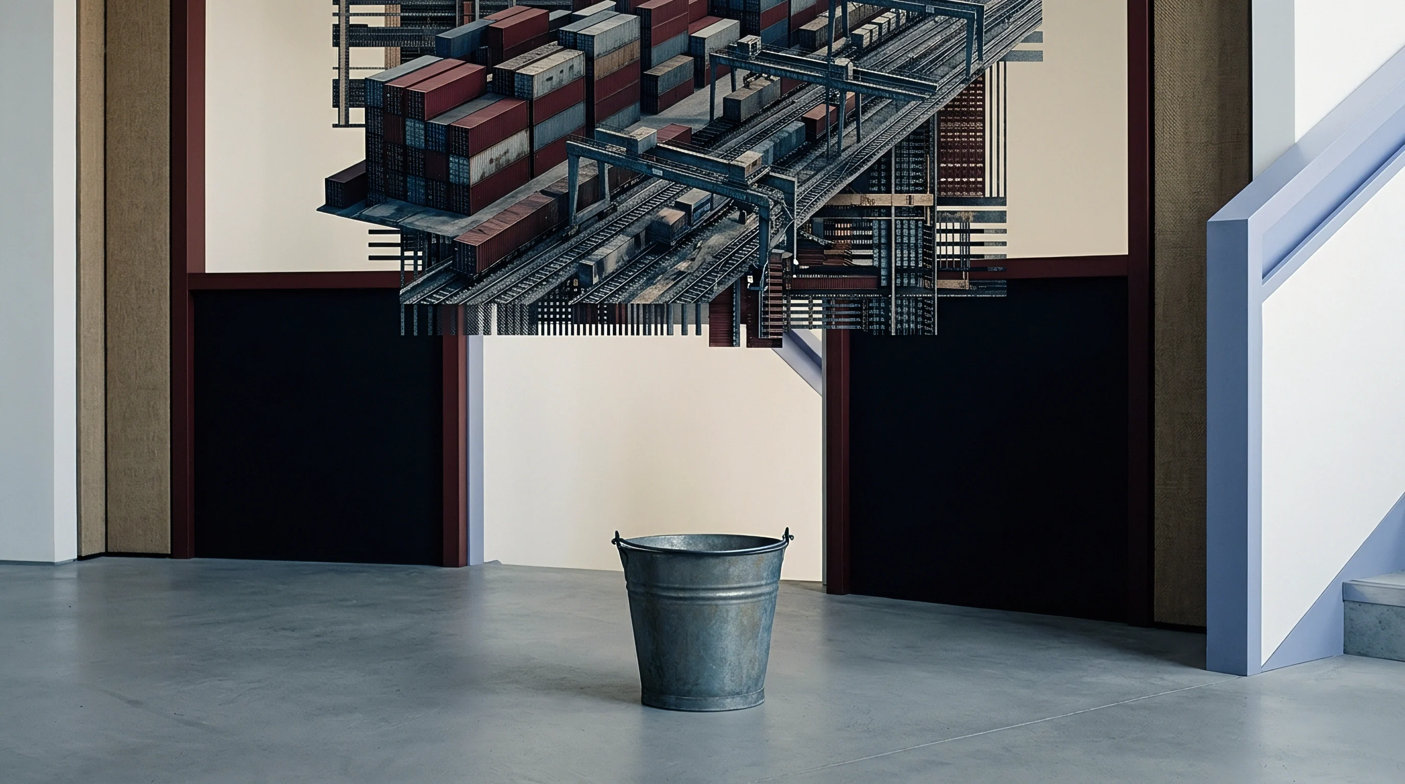 A detailed visual artwork presents a vast shipping container terminal with trains and gantry cranes suspended above a galvanized metal bucket.