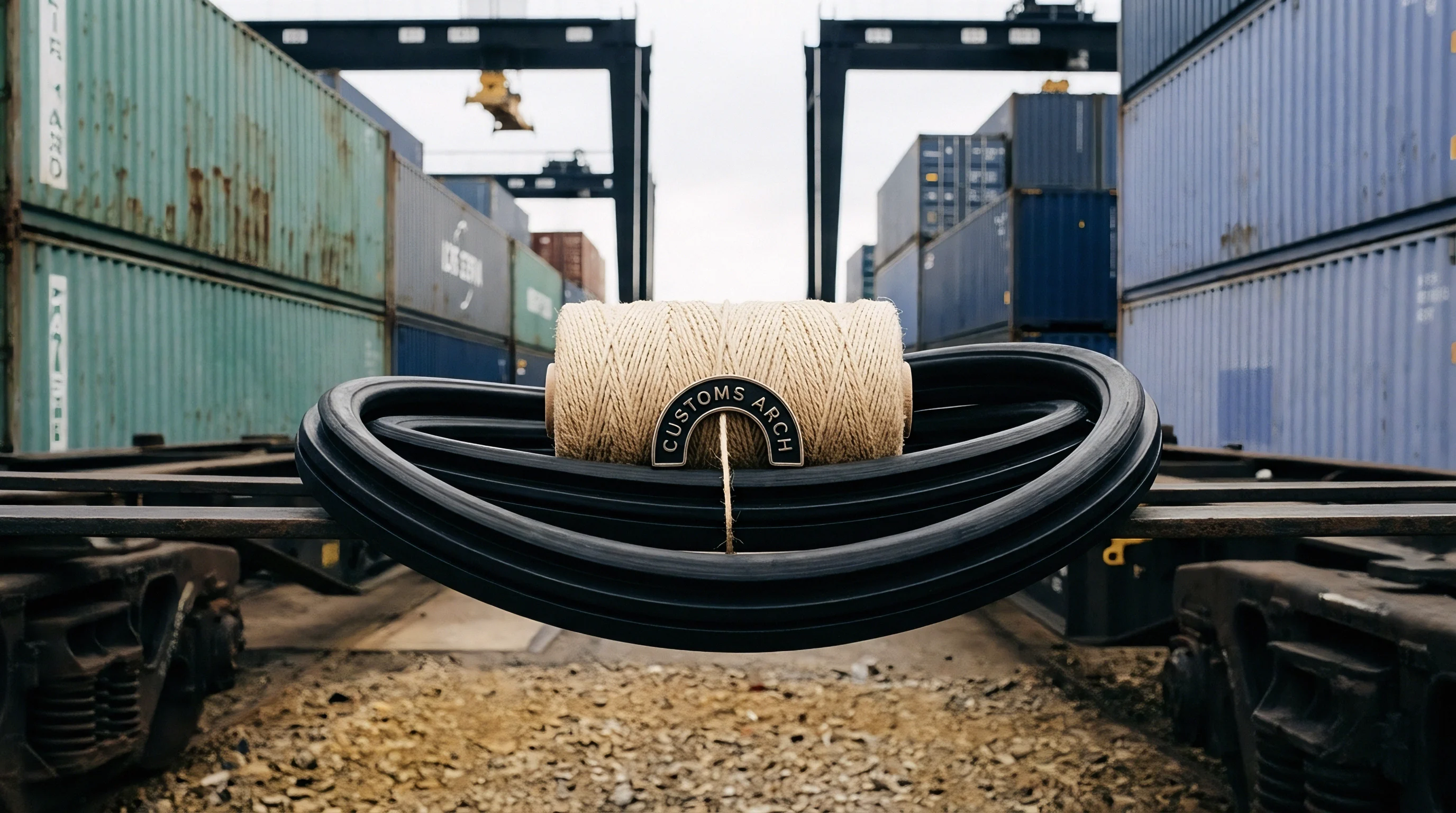 A twine spool rests on a coiled rubber gasket with a metal customs seal between rows of shipping containers.