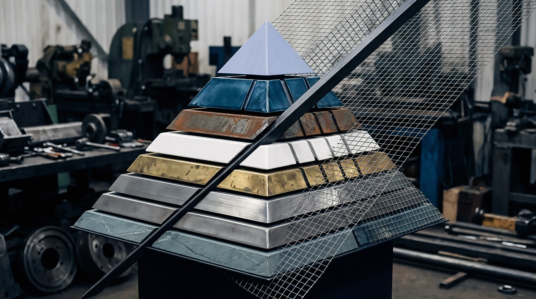 A multileveled pyramid display stands in a mechanical workshop surrounded by industrial machinery and various metalworking tools for fabrication.