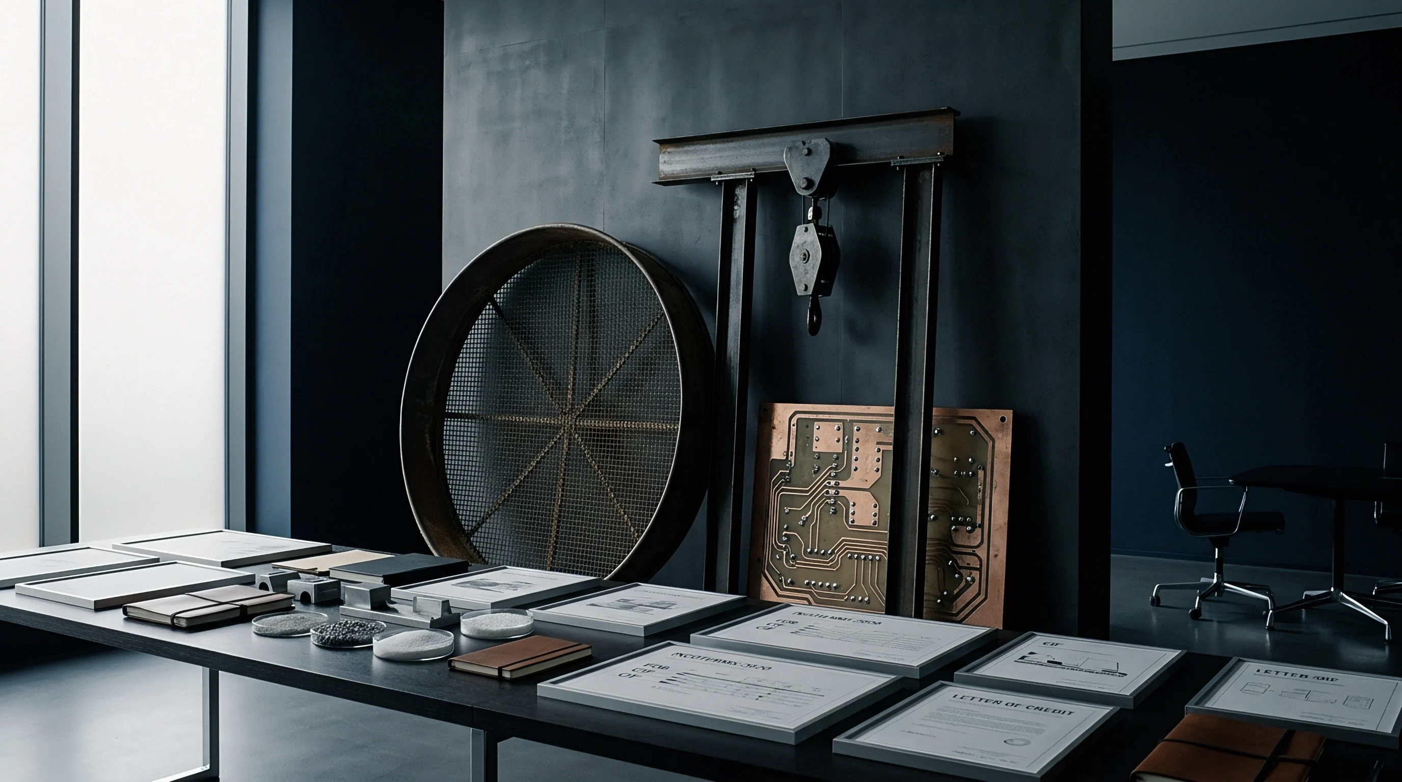 Framed technical diagrams and trade documentation lie on a long grey table next to material samples within an industrial design space.