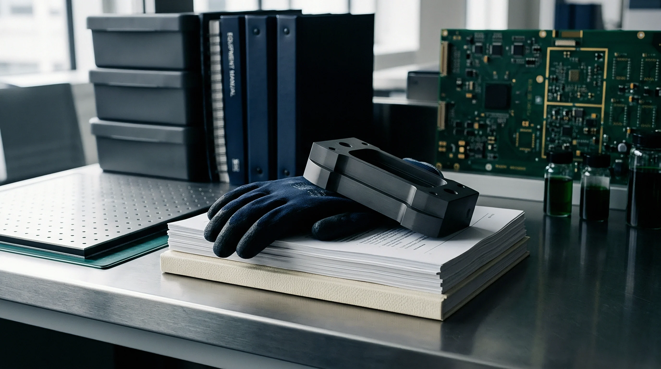 A machined metal housing rests on paper documents next to work gloves and binders in a clean industrial testing environment.