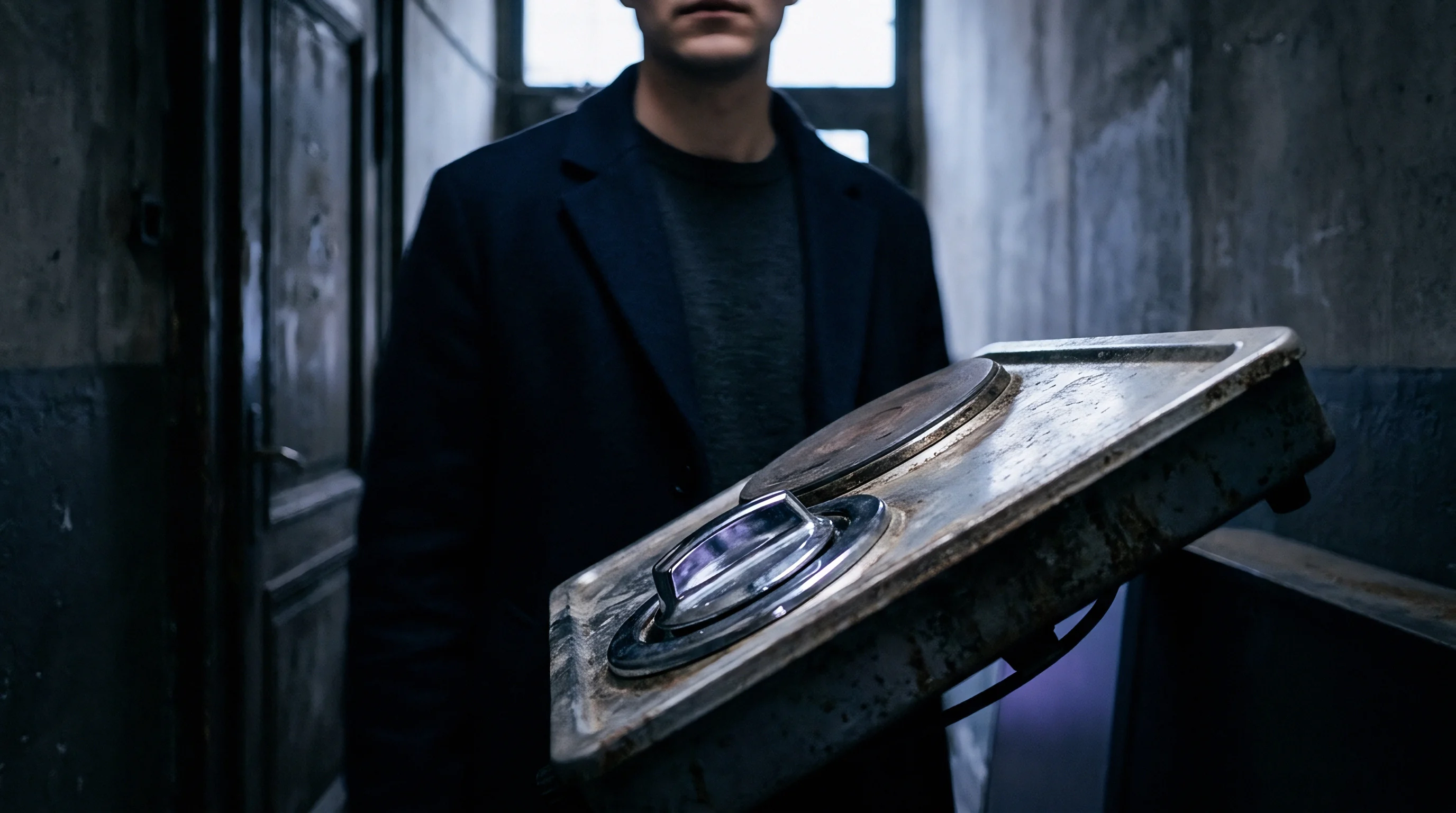 An industrial inspector holds a worn portable electric stove featuring rusted metal housing inside a decaying concrete corridor.