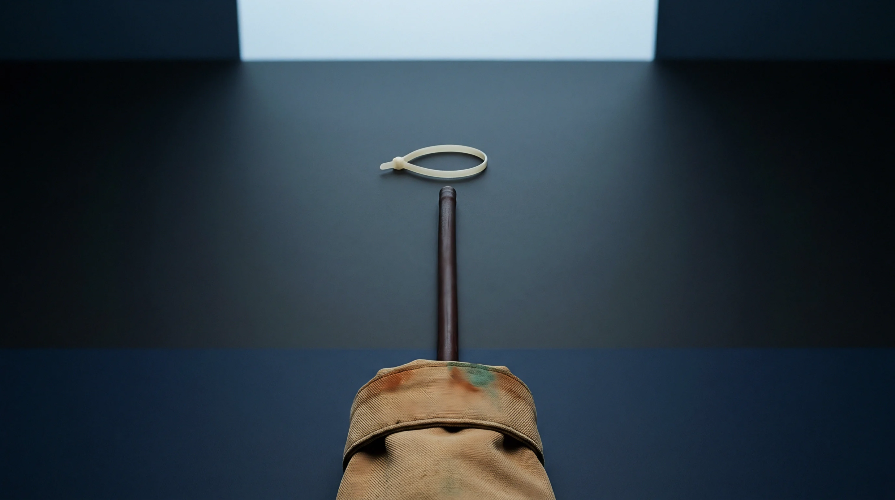 A dark composite tool extends from a heavy cotton canvas work pouch toward a molded plastic cable tie on a dark industrial workbench.