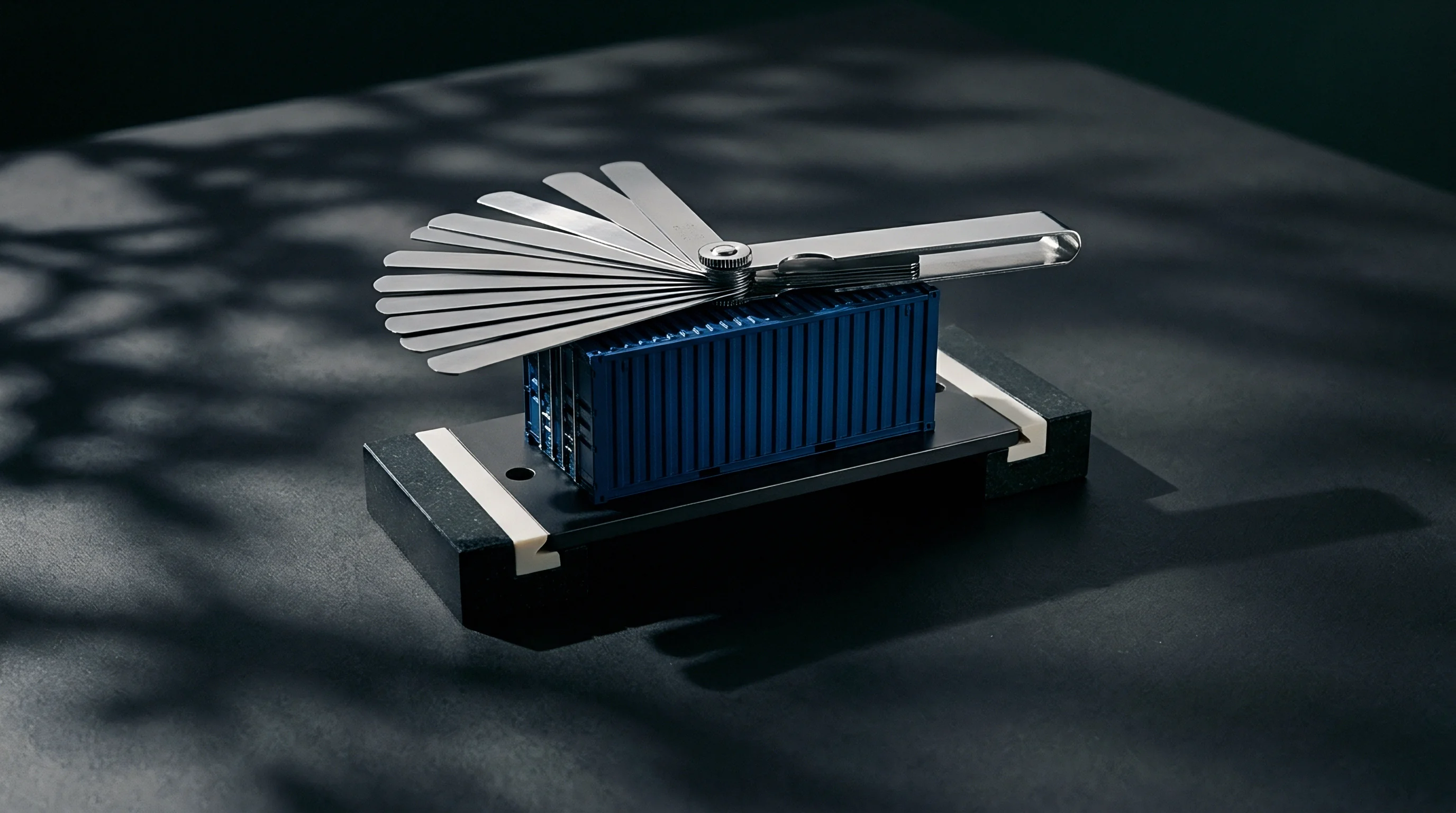 A steel feeler gauge set fanned out atop a miniature blue shipping container rests on a dark, reflective surface.