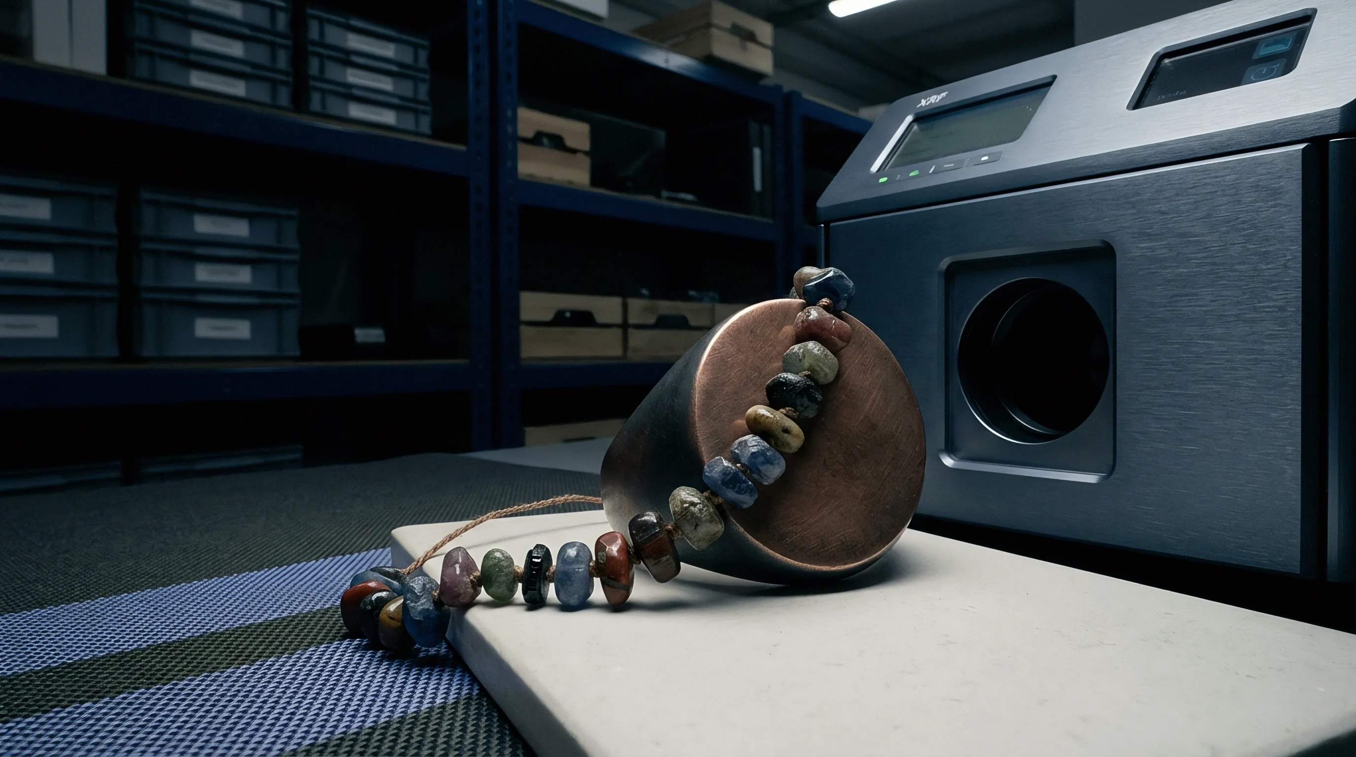 Multicolored mineral beads rest on a metal cylindrical mount beside an x ray fluorescence analyzer in a material testing laboratory setting.