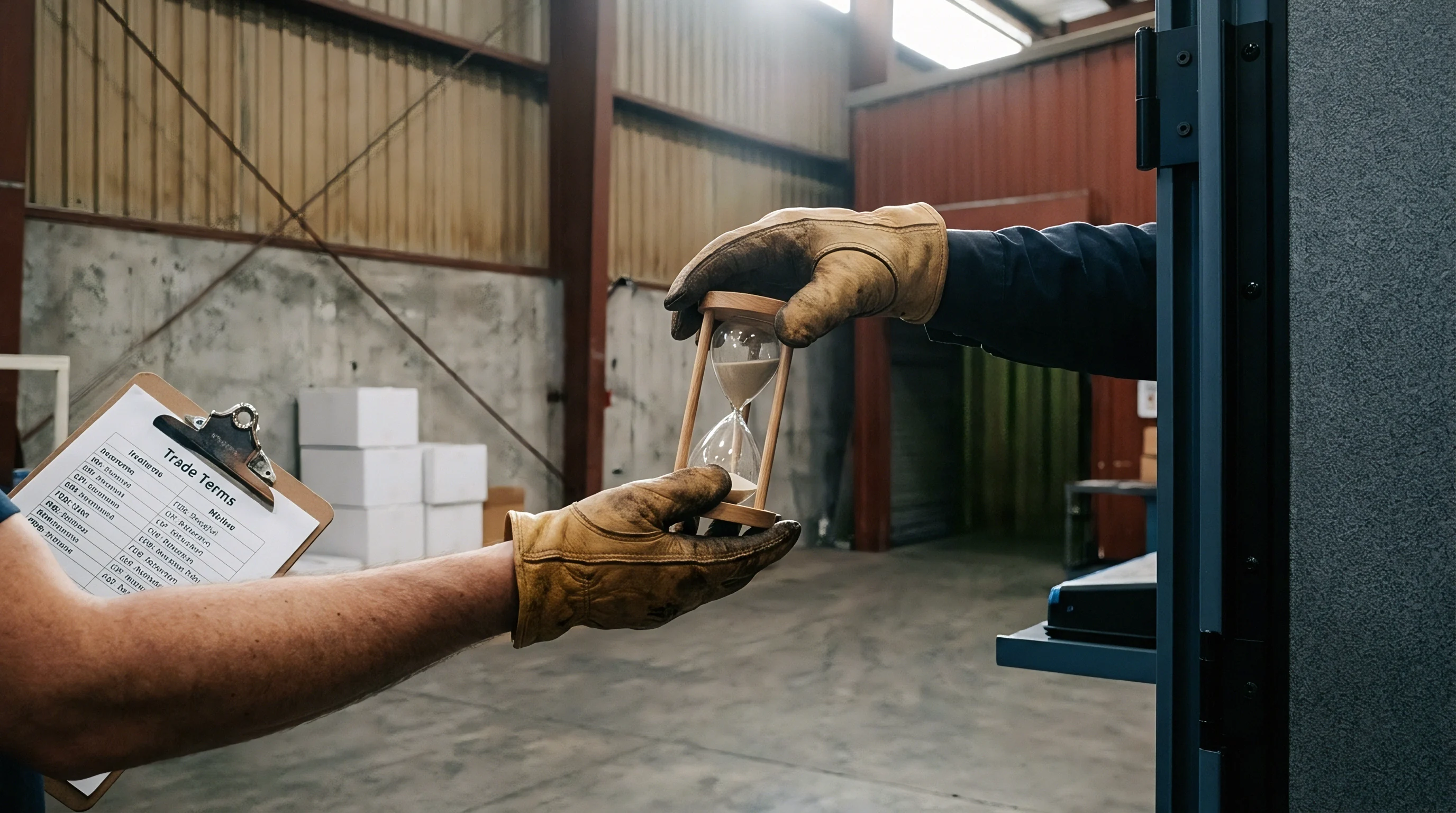 Two warehouse workers in leather gloves transfer a glass hourglass while holding a clipboard listing trade terms amidst boxes and industrial warehouse equipment.