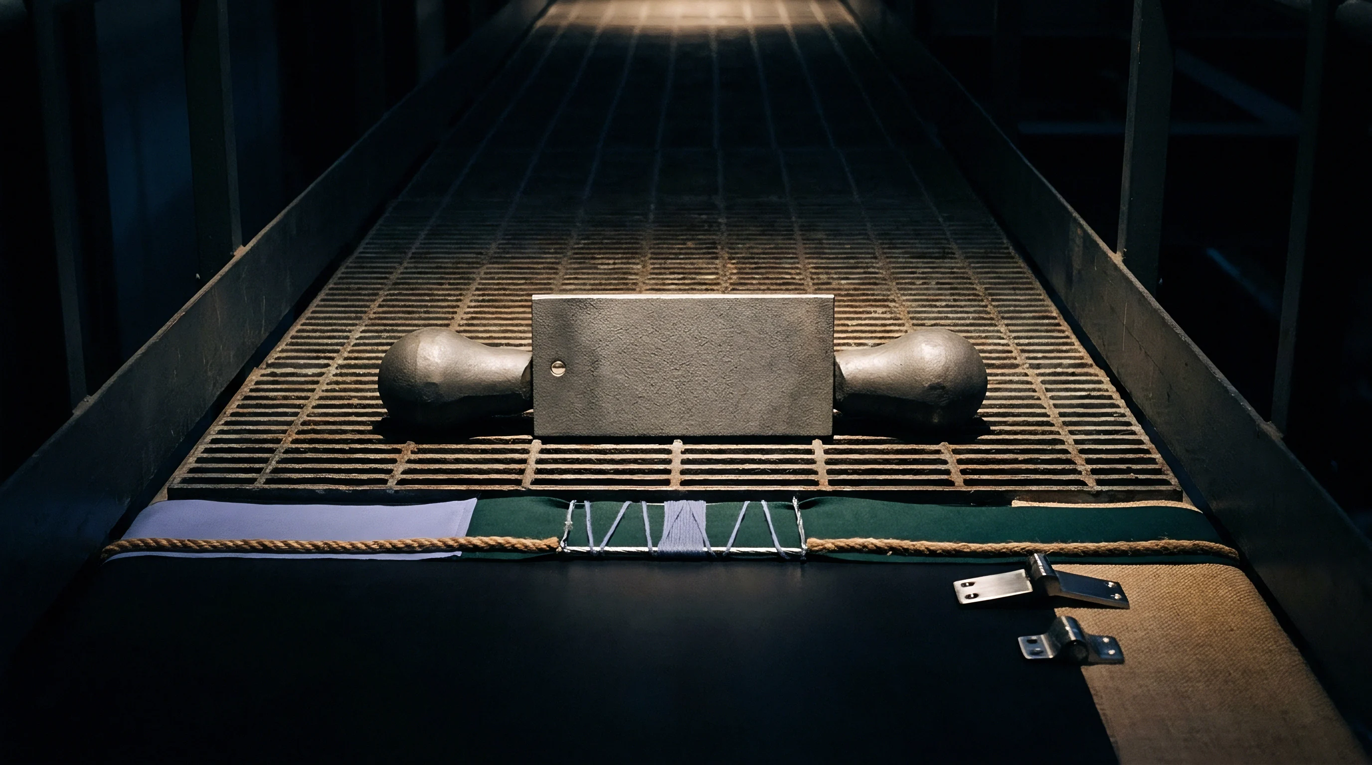 A rectangular steel fixture with rounded ends rests on an elevated metal grating above a testing platform equipped with tension ropes.
