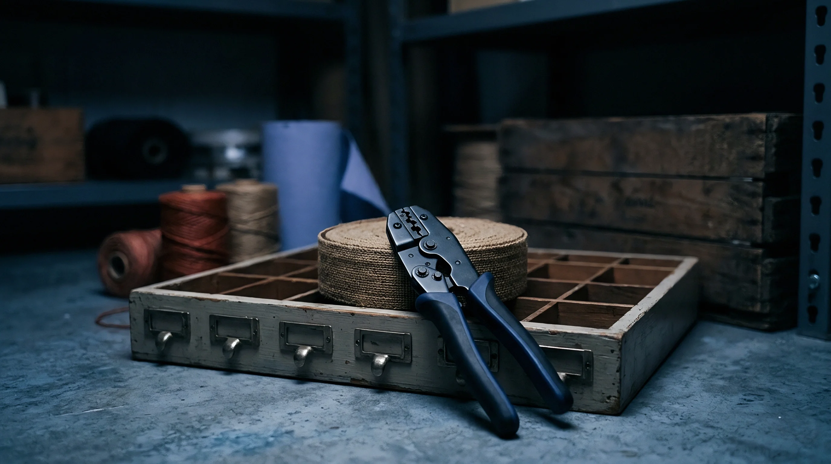 Industrial ratcheting crimp pliers rest on a roll of natural textile webbing within a wooden compartment tray inside a dark factory warehouse.