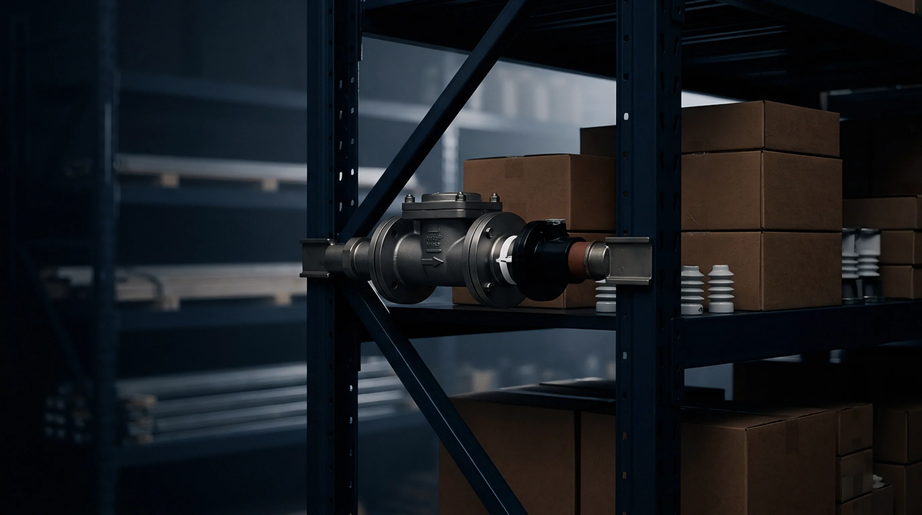 A substantial industrial valve assembly and various electrical insulators are organized on a metal storage rack within a warehouse setting.