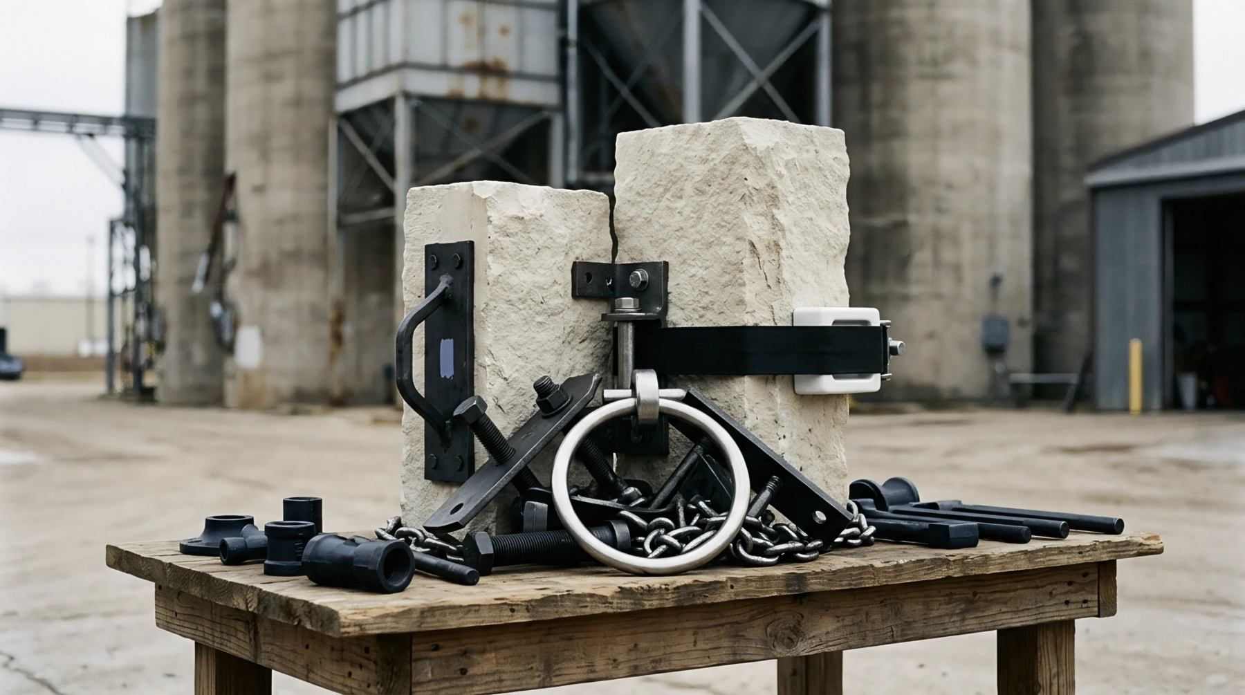 Cast stone blocks fitted with heavy steel brackets and rigging hardware rest on a wooden workbench outside an industrial facility.