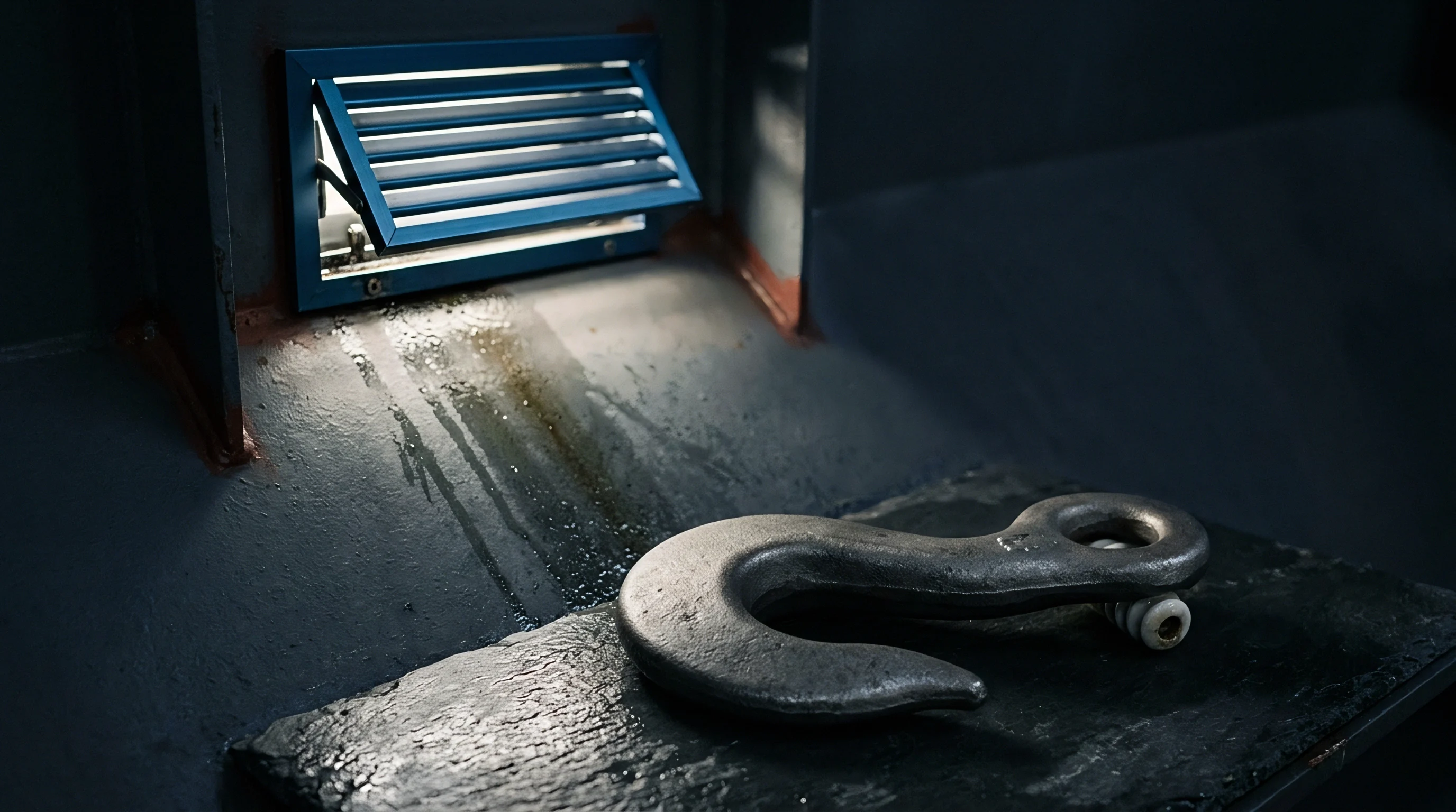 A forged steel cargo hook rests on a wet slate tile within a steel vessel compartment beneath an open blue louvered ventilator.