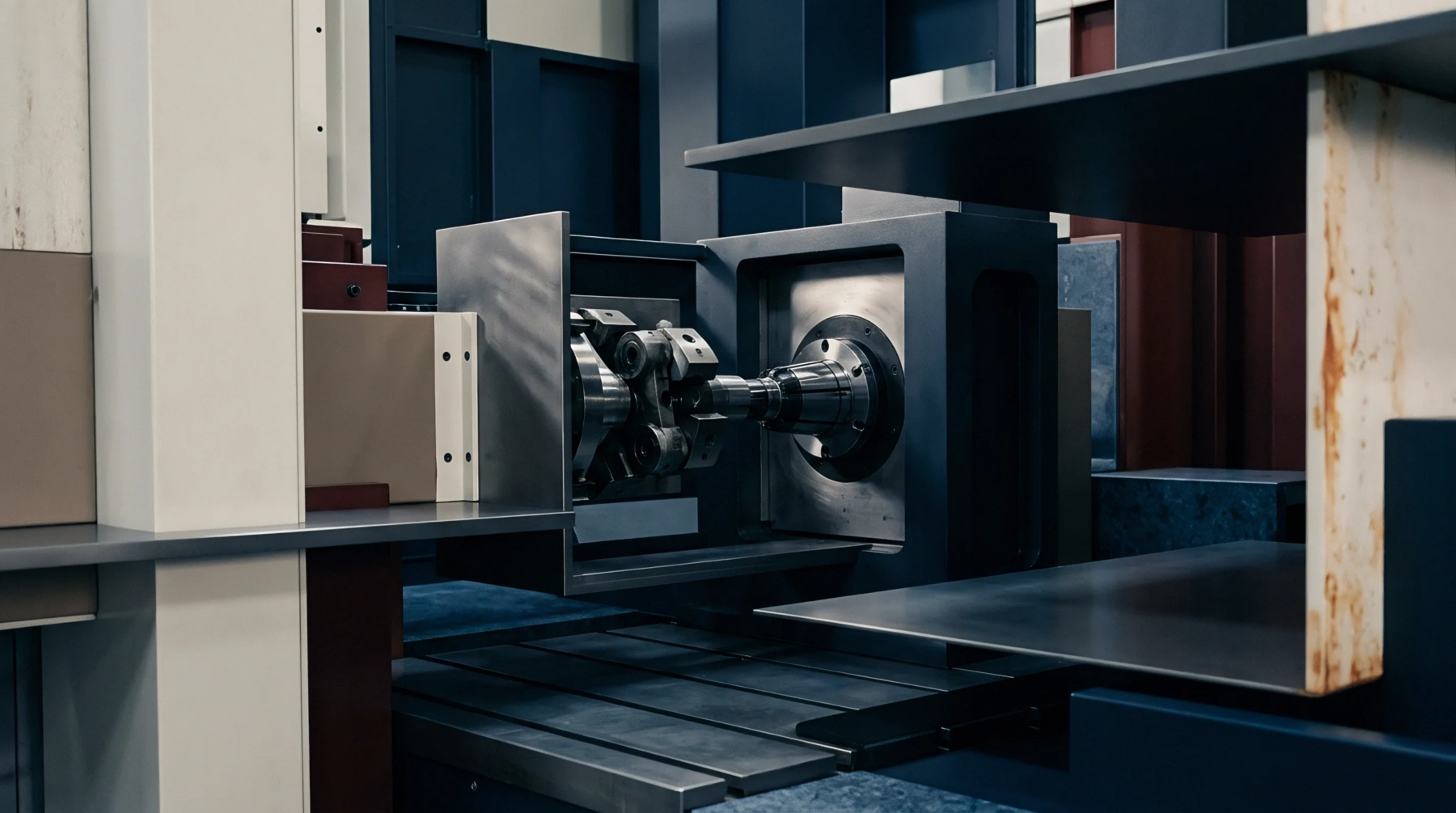 A horizontal machining center spindle assembly features a rotating tool interface within a reinforced protective casing for industrial metal fabrication processes.