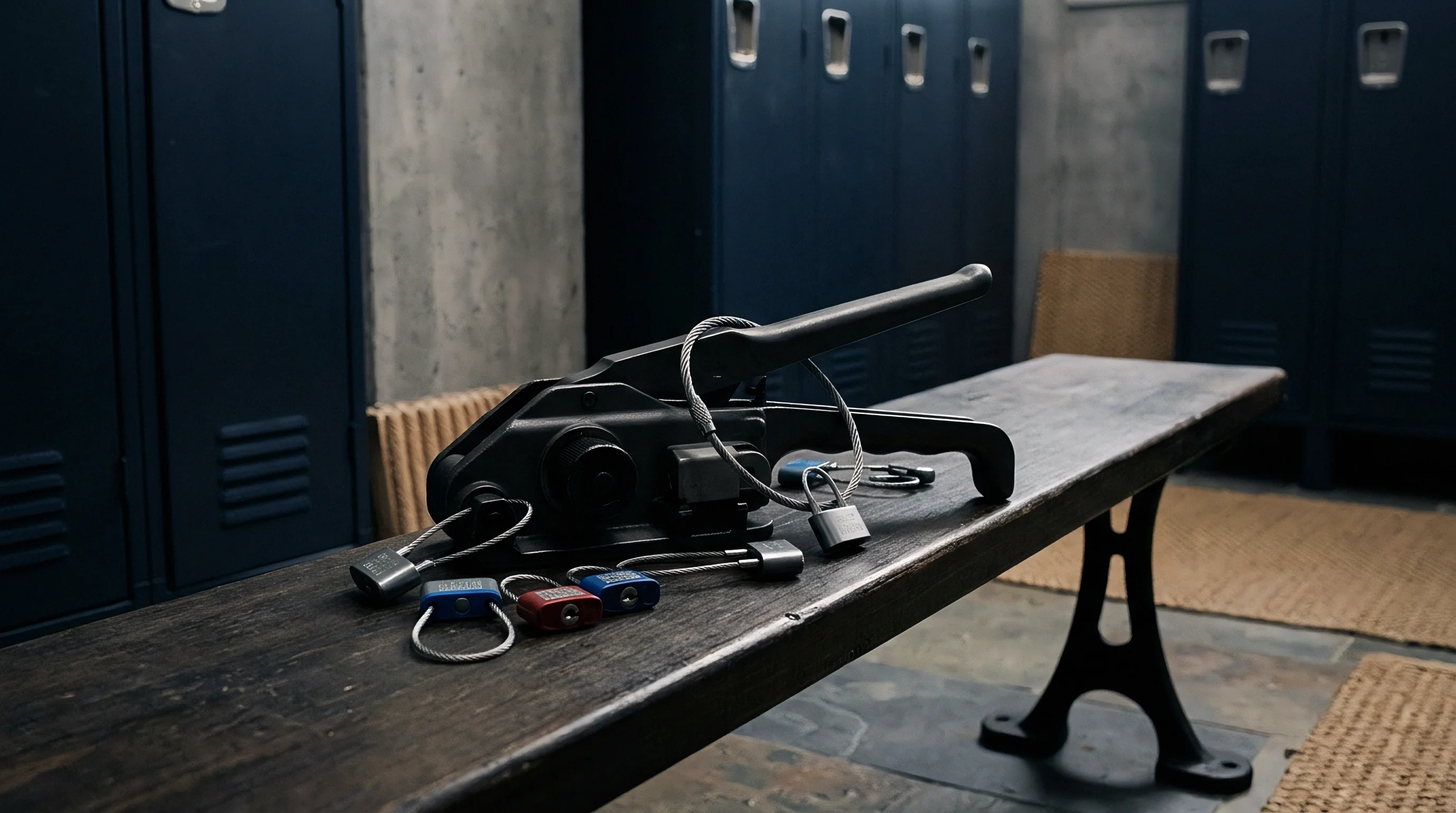 A metal manual banding tool and several cable security locks rest on a dark wooden bench inside a locker room.