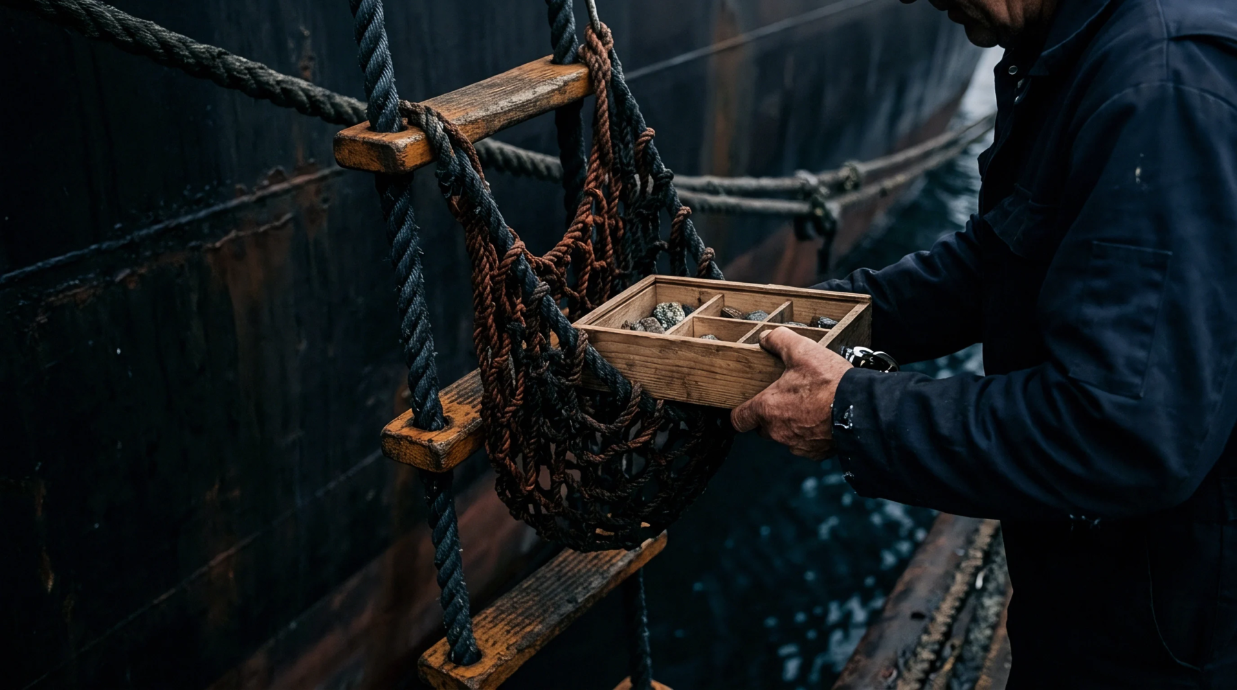An operator examines a divided wooden tray holding mineral aggregate samples near a steel vessel hull and rope ladder.
