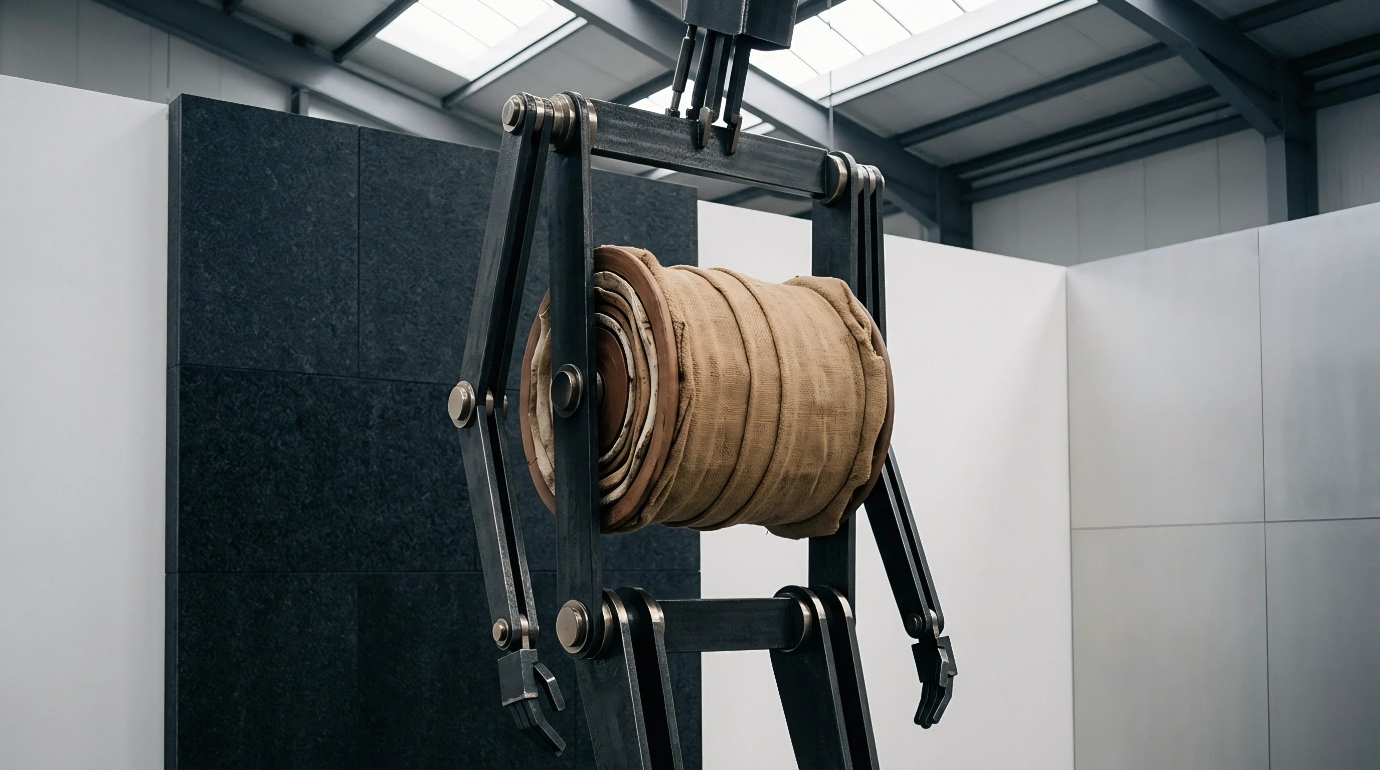 An industrial robotic armature crafted from dark metal holds a heavy rolled canvas fabric cylinder within its hinged frame inside a modern warehouse showroom.