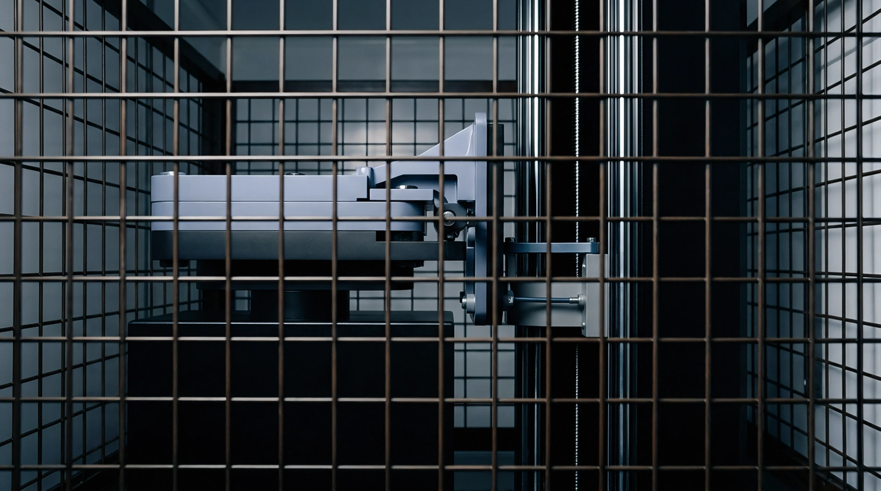 An automated manufacturing component mounted on vertical guide rails sits behind a dark metal safety cage within a controlled production facility.