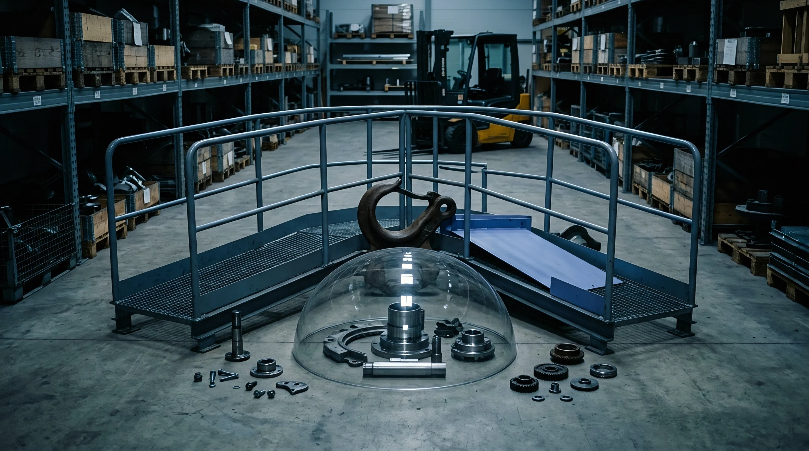 Machined metal components rest beneath a clear protective dome on a factory floor surrounded by elevated walkways and high storage racking.