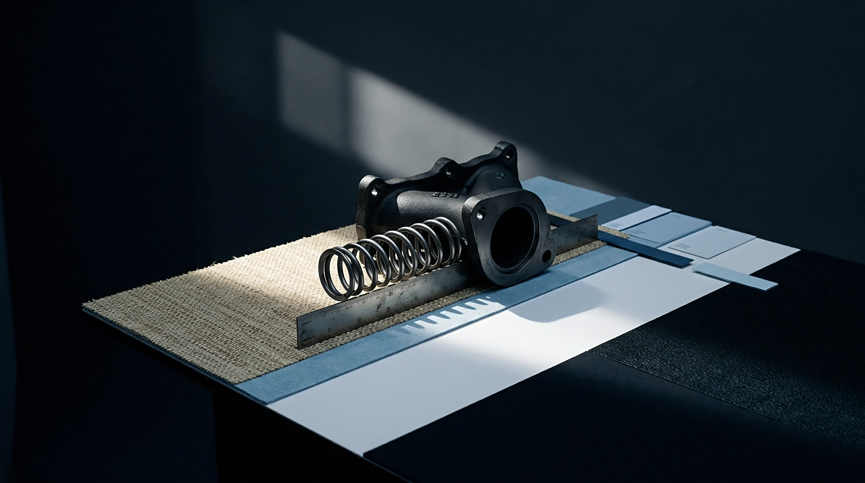 A cast metal component sits beside a metal helical spring and a steel rule on a surface containing comparative material finish palettes.