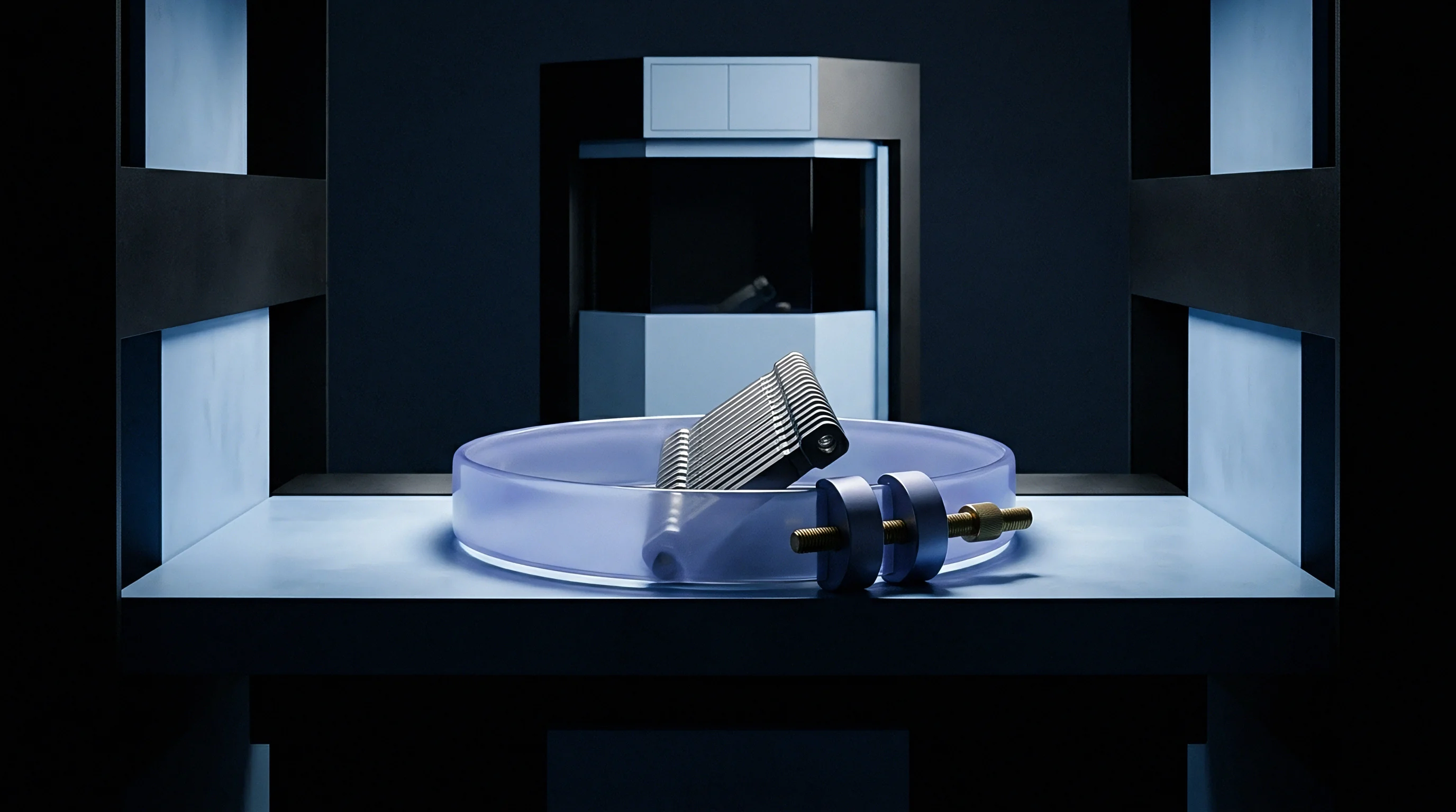 A digital render shows precision metal lamellae resting inside a transparent vessel beside threaded fasteners on a blue illuminated manufacturing workstation.