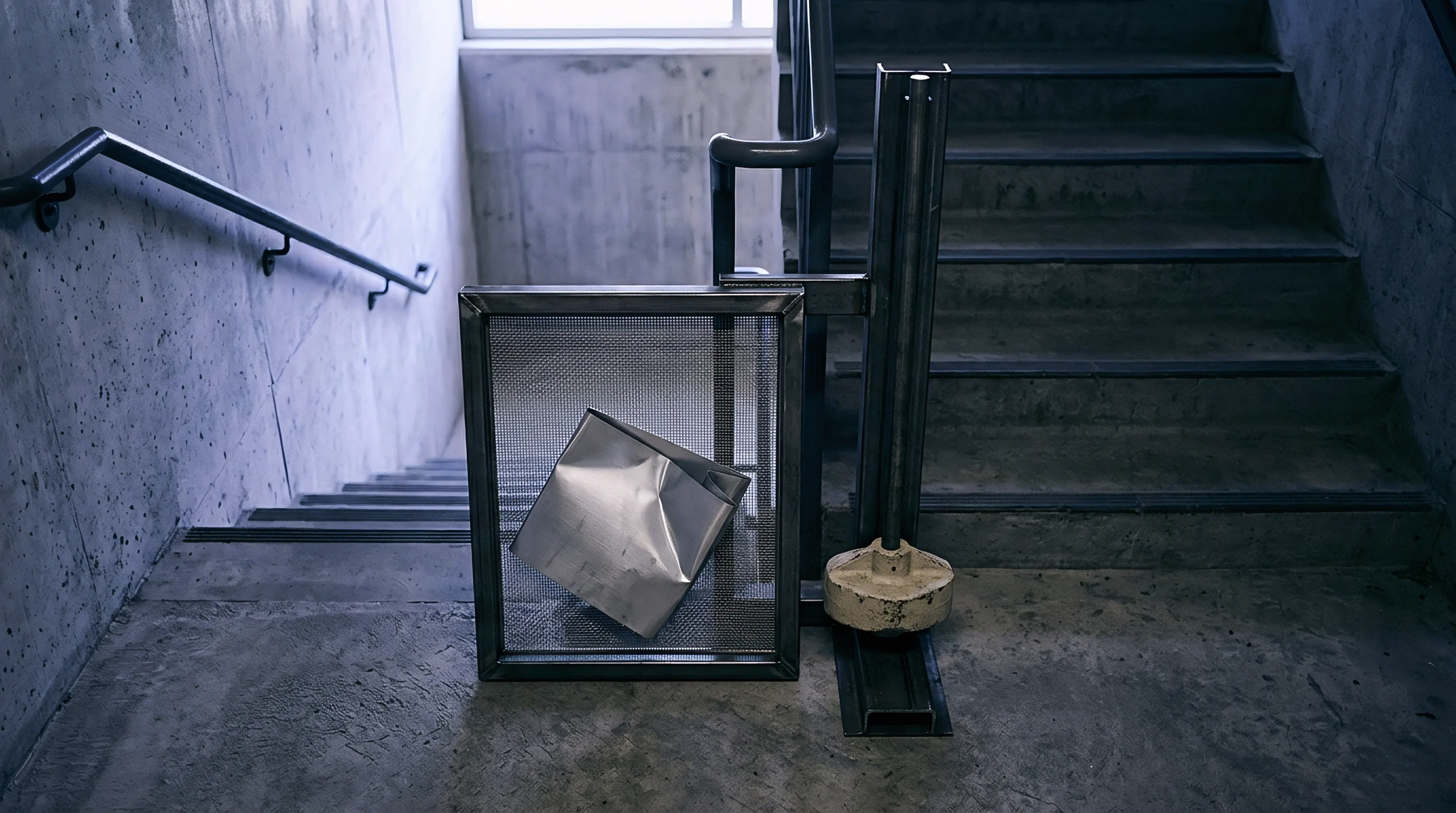 A deformed sheet metal panel rests inside a wire mesh barrier positioned on a concrete industrial stairwell floor.
