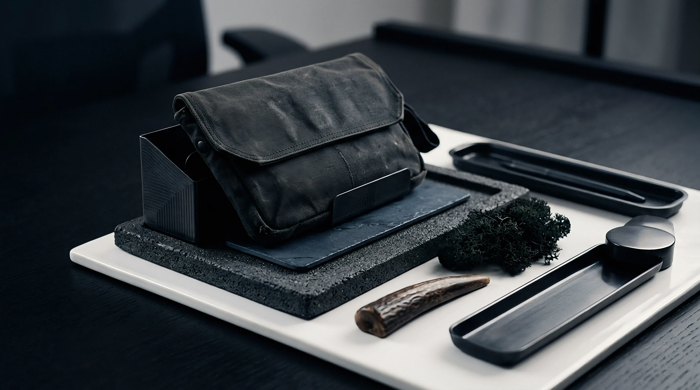 Waxed canvas storage pouch rests beside natural mineral and organic texture samples arranged on a black stone slab within an industrial desk environment.
