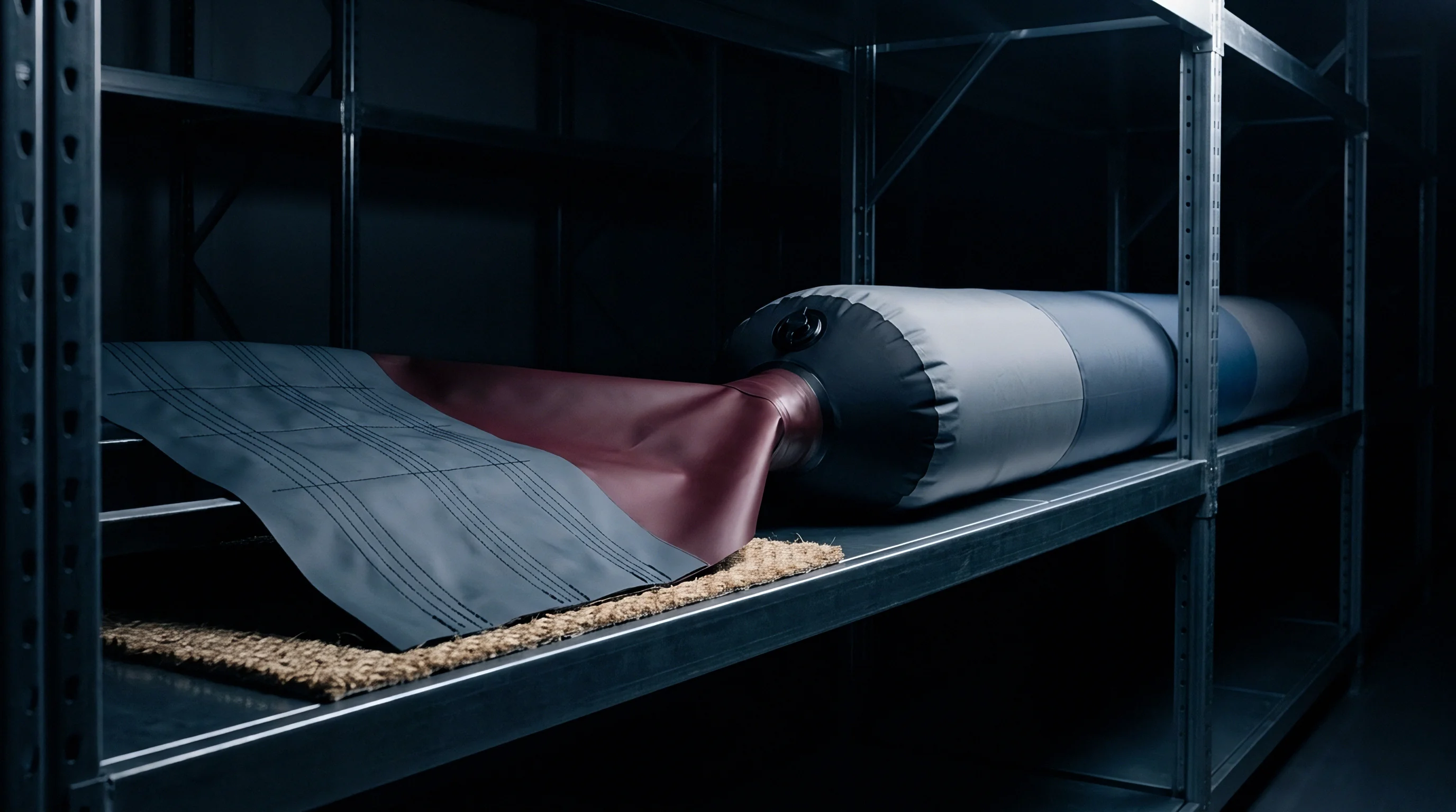 A multi-layered industrial fabric roll rests upon metal warehouse shelving with a partially extended section displaying dual textures and deep maroon coloring.