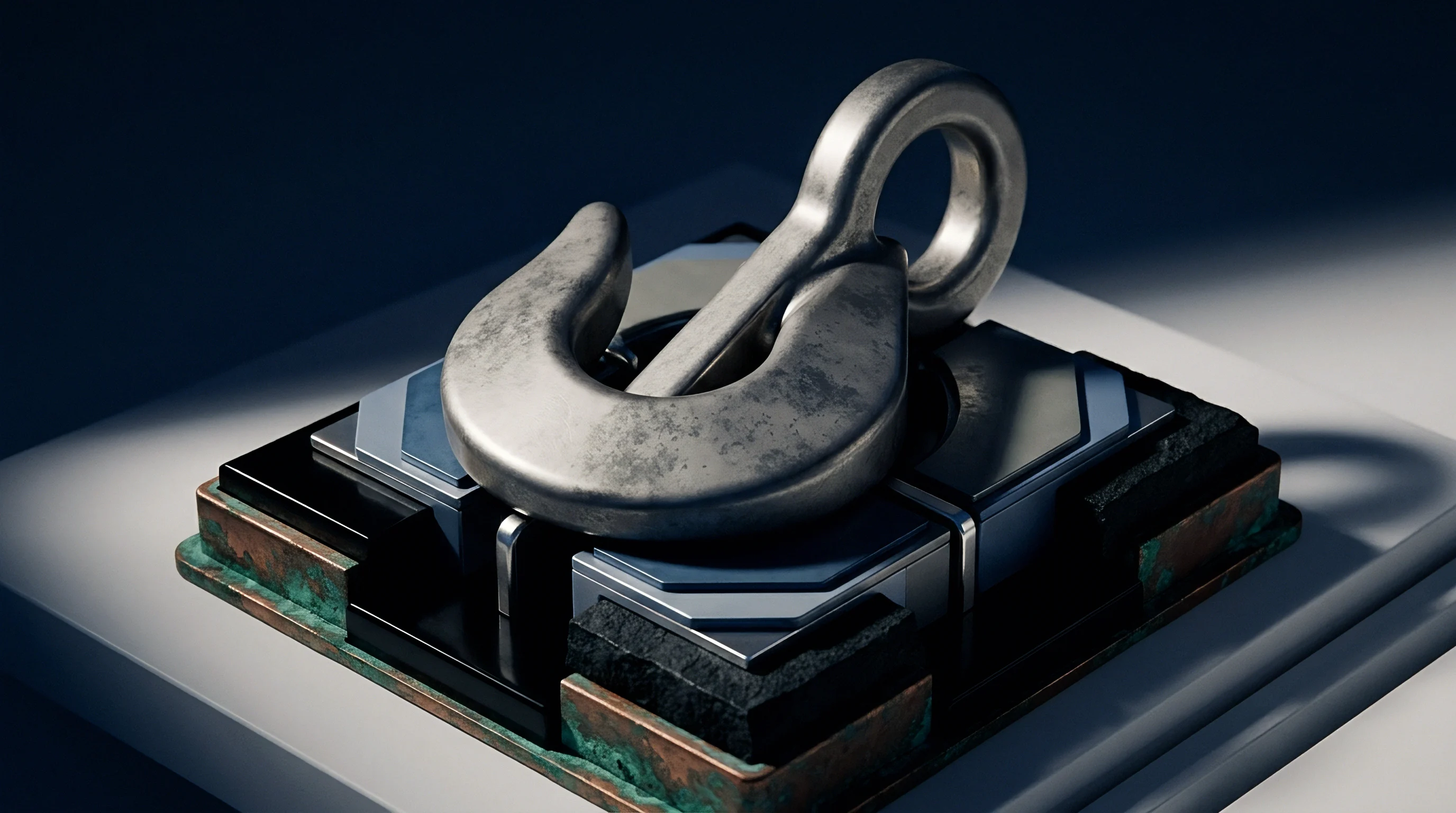 A digital render displays a polished steel hook resting on a precision machined metallic module of copper and dark composite layers within an industrial assembly.