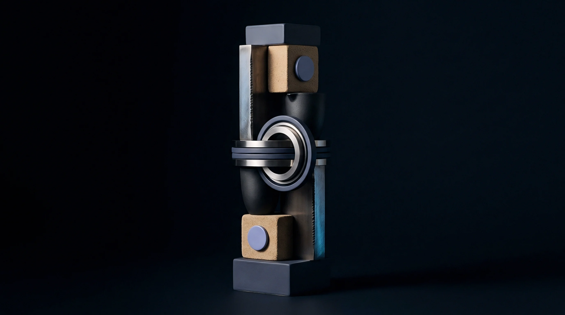 A digital illustration presents a vertical arrangement of geometric ceramic blocks metal rings and structural elements on a dark studio plane.