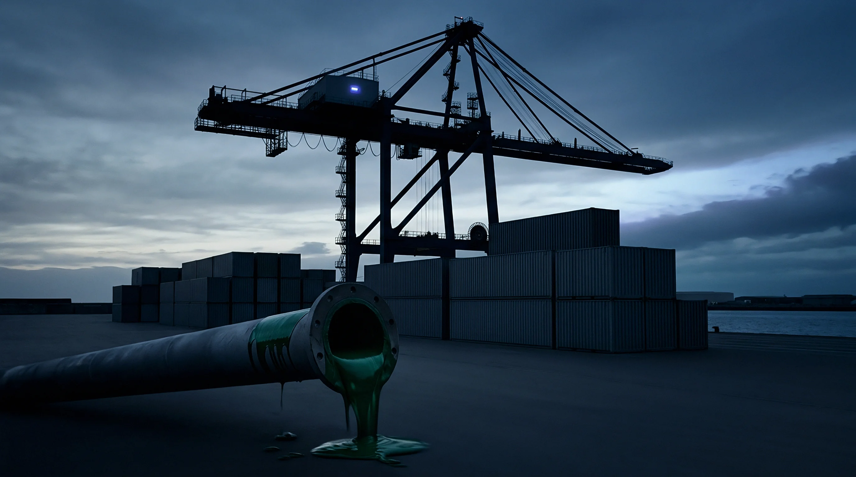A digital render depicts thick green fluid leaking from a large industrial pipe within a dark shipping container terminal containing heavy freight equipment.