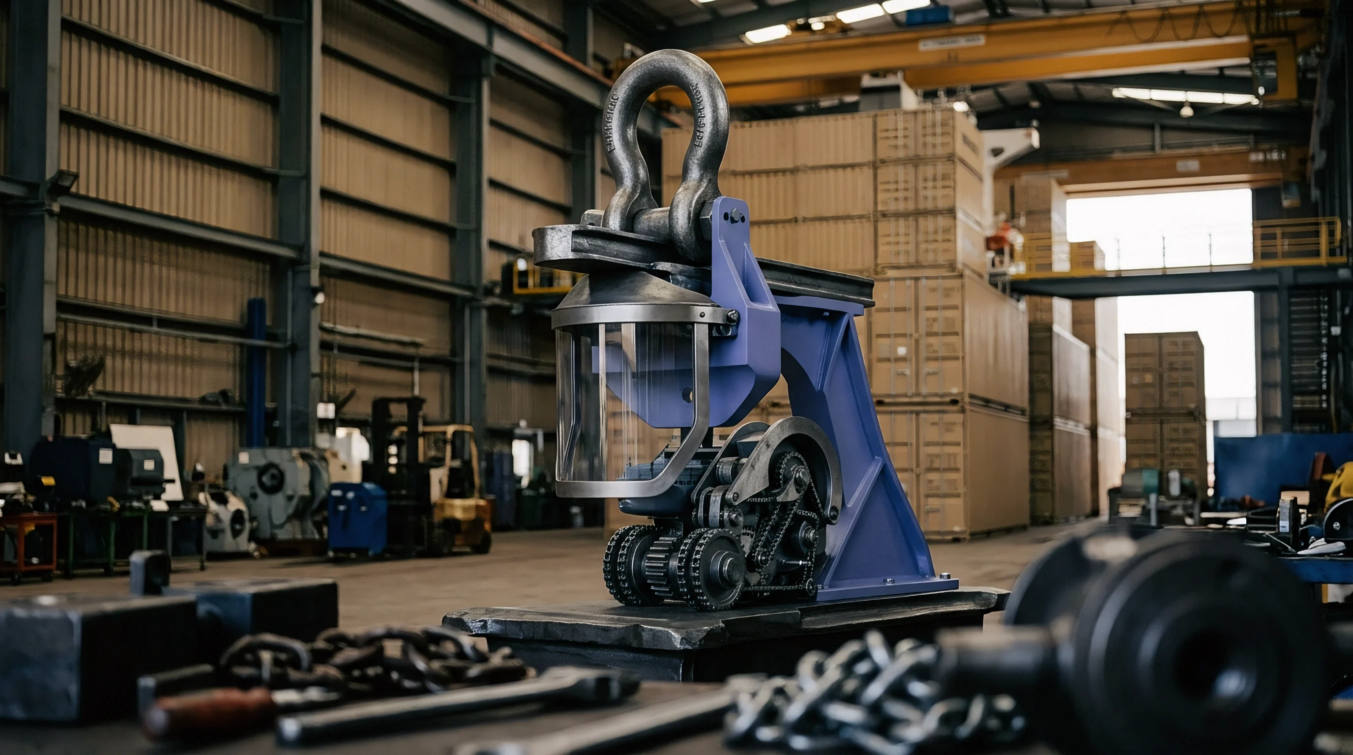 An industrial 3D render displays a mechanical testing rig featuring a heavy steel lifting shackle and protective shield inside a warehouse.