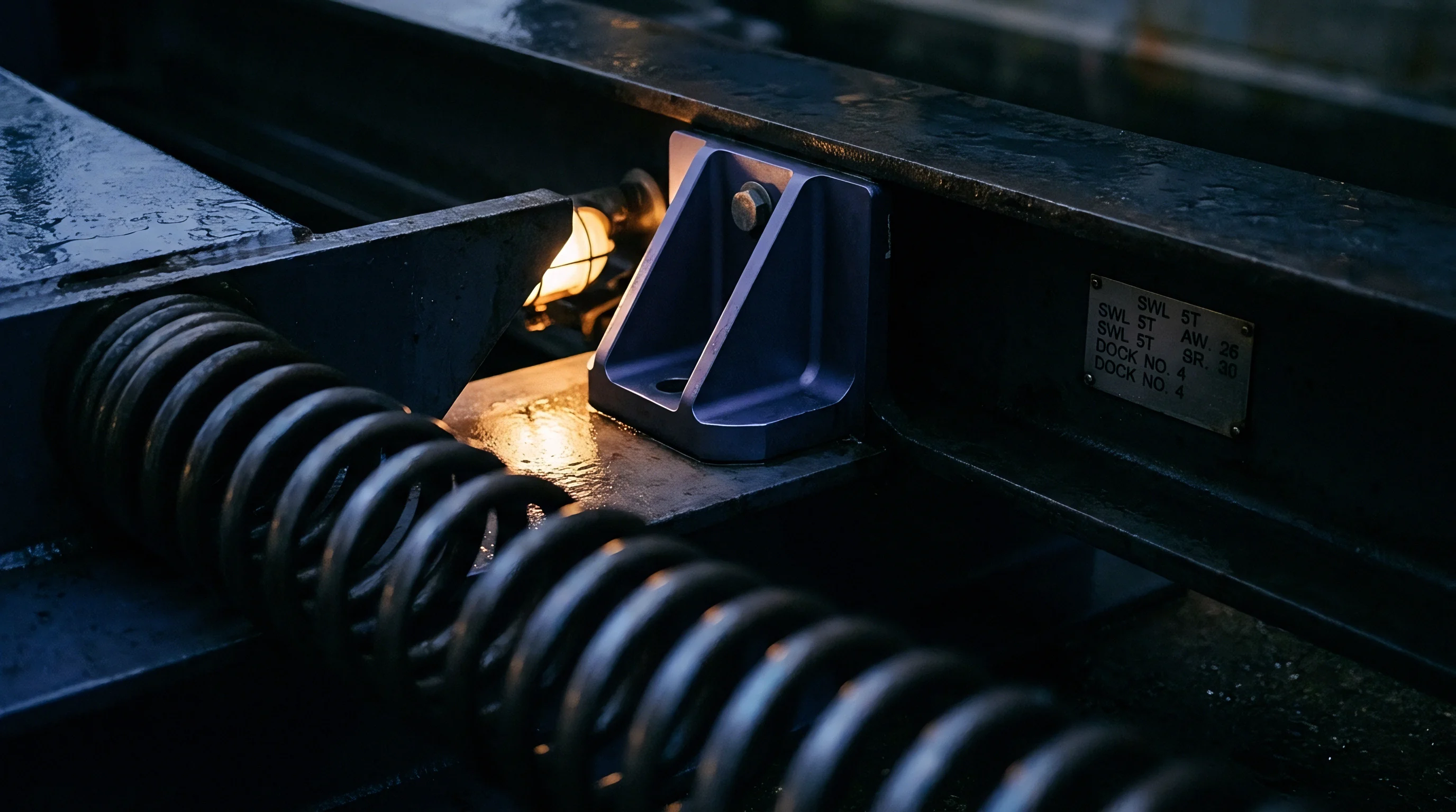 A steel tension spring and a load bearing bracket attach to a structural beam marked with safety capacity ratings in a port environment.