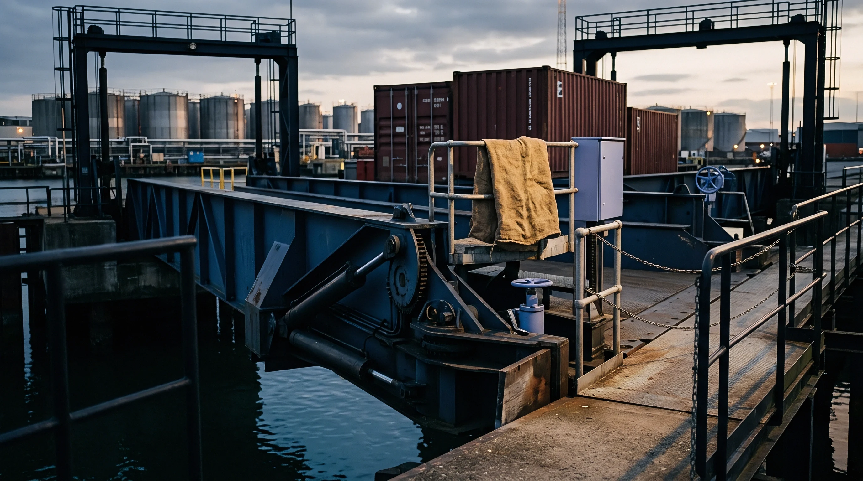 A mechanical bridge platform spans a water channel adjacent to stacks of shipping containers at a busy marine logistics terminal.