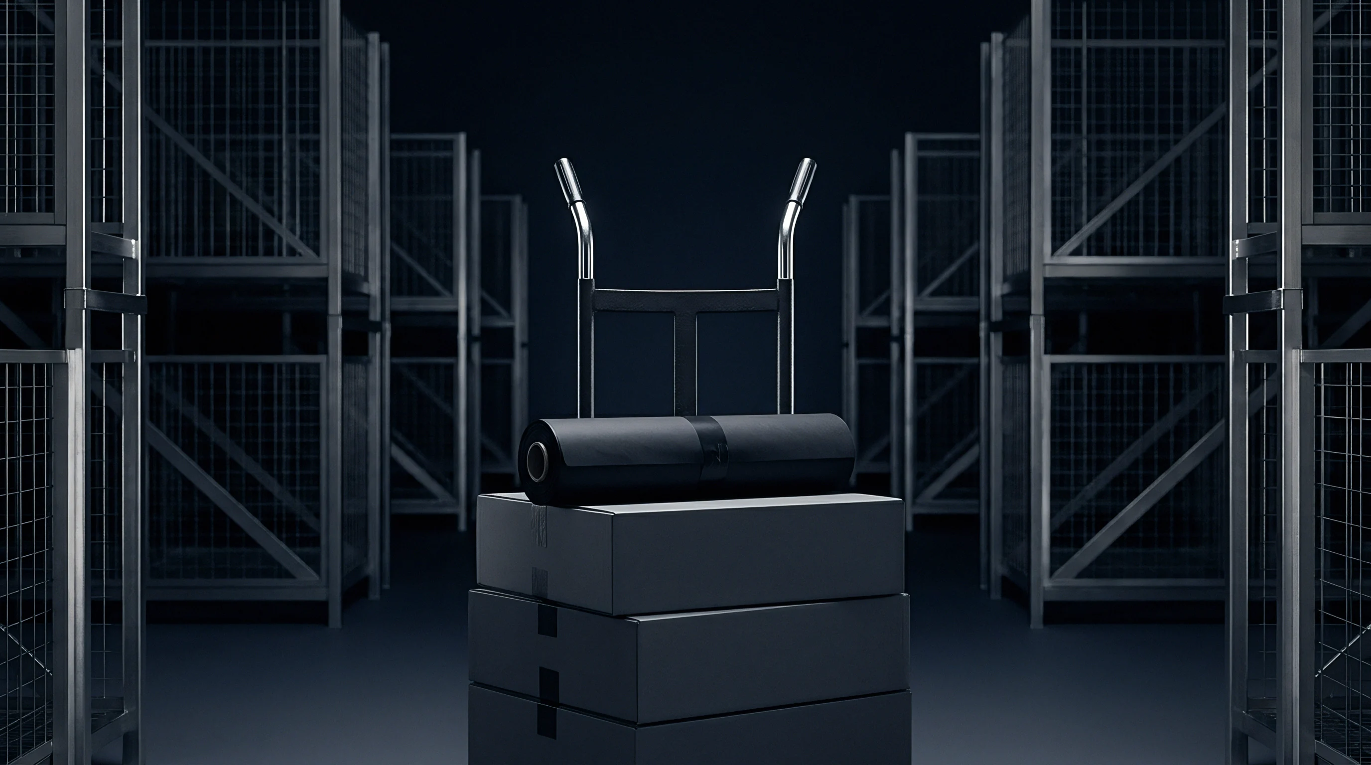 A hand truck stands behind three stacked boxes topped with a roll of industrial stretch film inside a dimly lit storage warehouse facility.