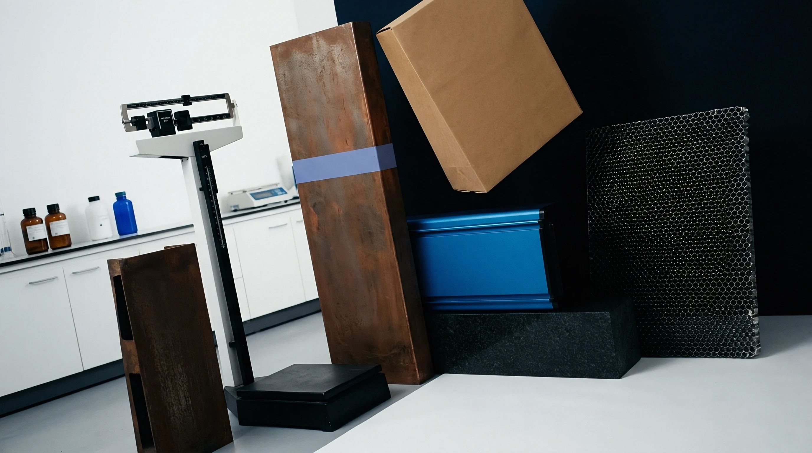 Raw material samples and a mechanical balance scale are arranged inside an industrial laboratory for quality verification procedures.